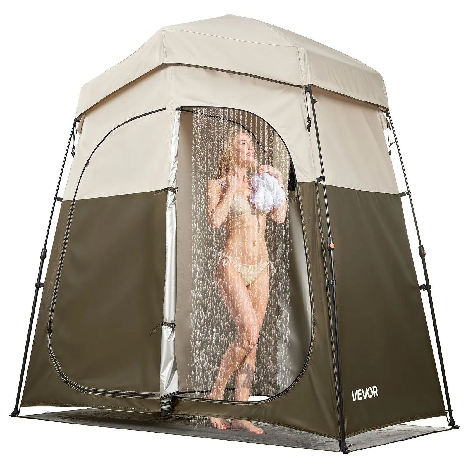 【DealsForYouDays】VEVOR Camping Shower Tent, 2-Room Foldable Portable Privacy Tent Changing Room with Ground Stakes, Ropes, and Carry Bag, 150D Oxford Fabric with Silver Coating, for Camping, Beach, and Fishing