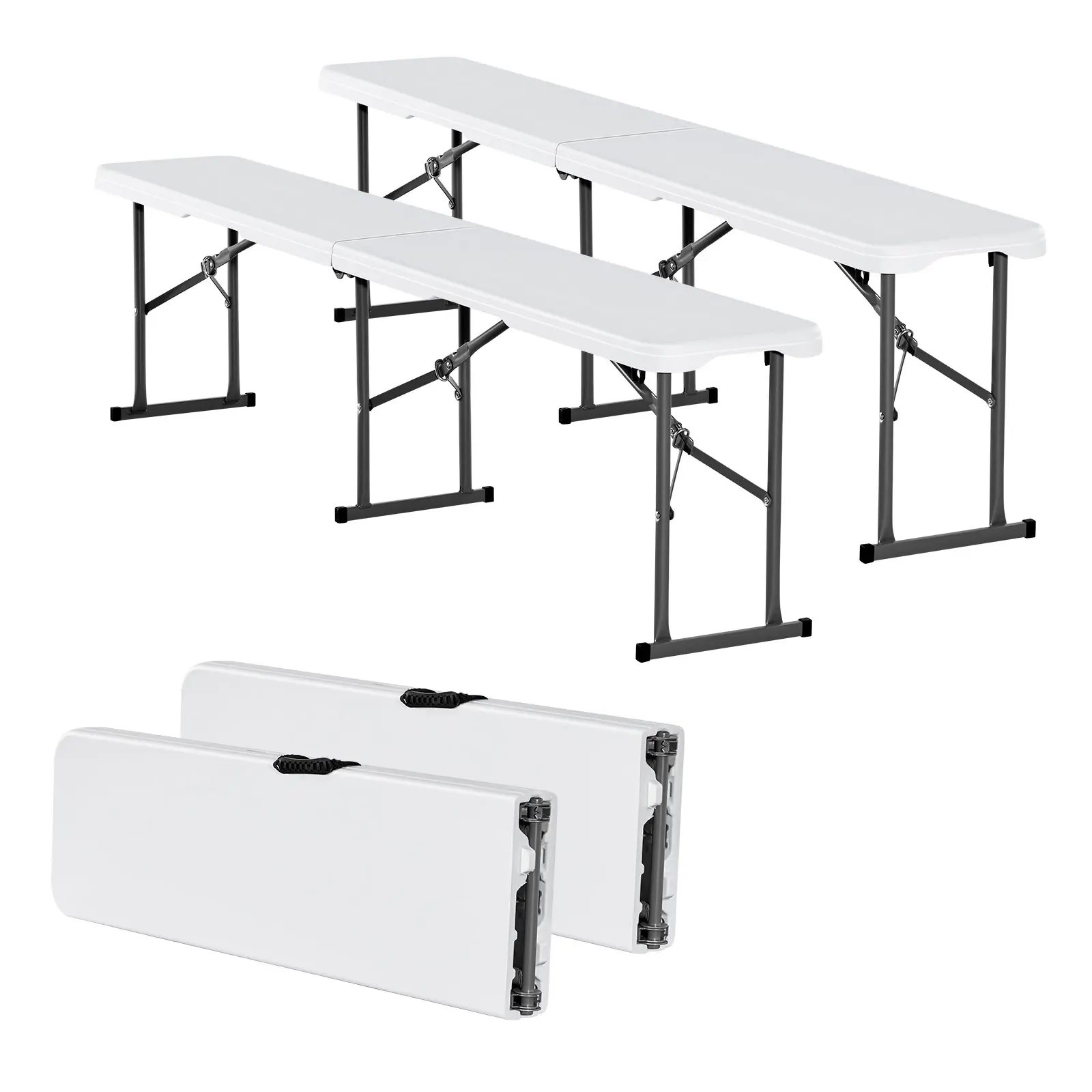 VEVOR Plastic Folding Bench, 6 ft Portable Bench for Indoor/Outdoor Picnic Party Patio Camping Dining, Foldable Smooth HDPE Seat for Garden Soccer Multipurpose Entertaining Activities, 2 Pack, White