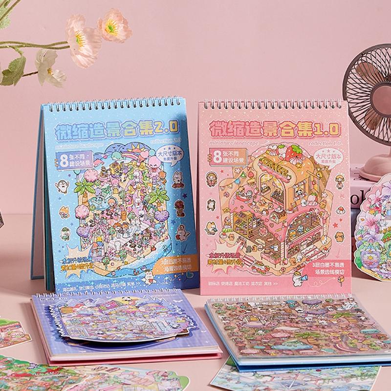 Christmas Gift,minature house kit,3D DIY Miniature World Set, Scene Card Paper, Stickers, and Background Cards, Decorative Sticker Album, Gift Packaging Set, 3D Cartoon House DIY Landscape Decoration Sticker Book, Sticker Packs