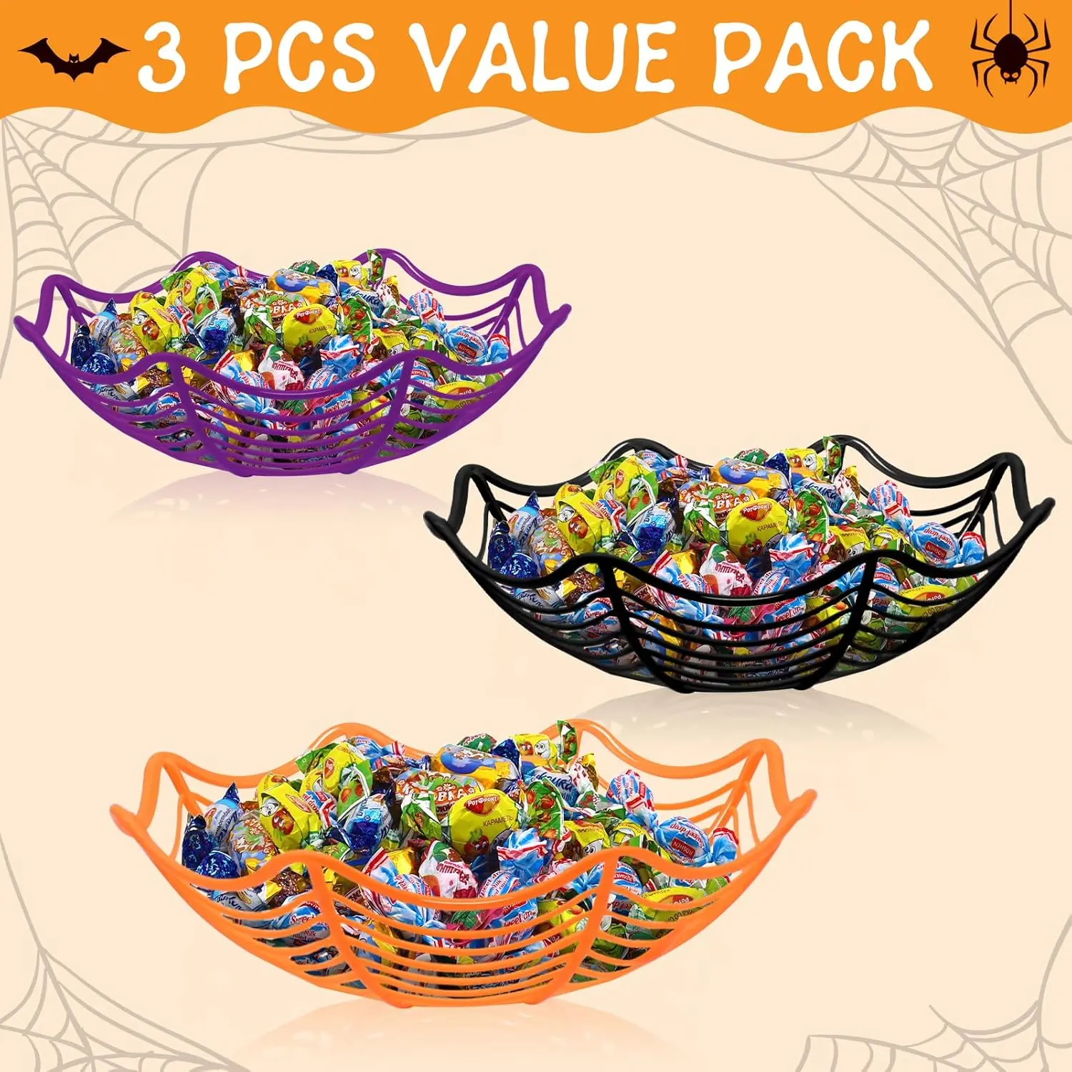 3 Pcs Halloween Fruit Baskets, A Spiderweb Candy Bowl, and A Food and Candy Tray—Perfect for Halloween Party Decorations, Trick-or-Treating, Serving Food and Candy, and As Table Centerpieces.