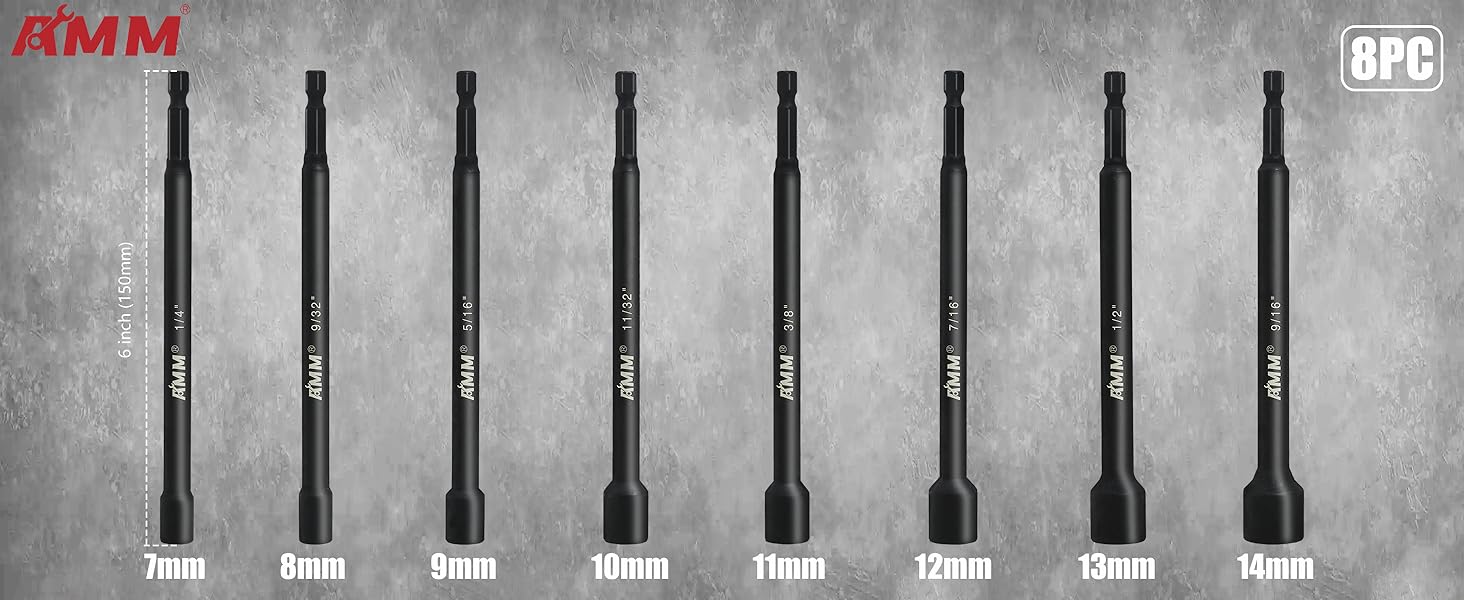 AMM 8PCS SAE Nut Driver Set for, Long Nut 6 INCH (1/4" - 9/16"), 1/4" Hex Shank Nut Driver Bit, Cr-V