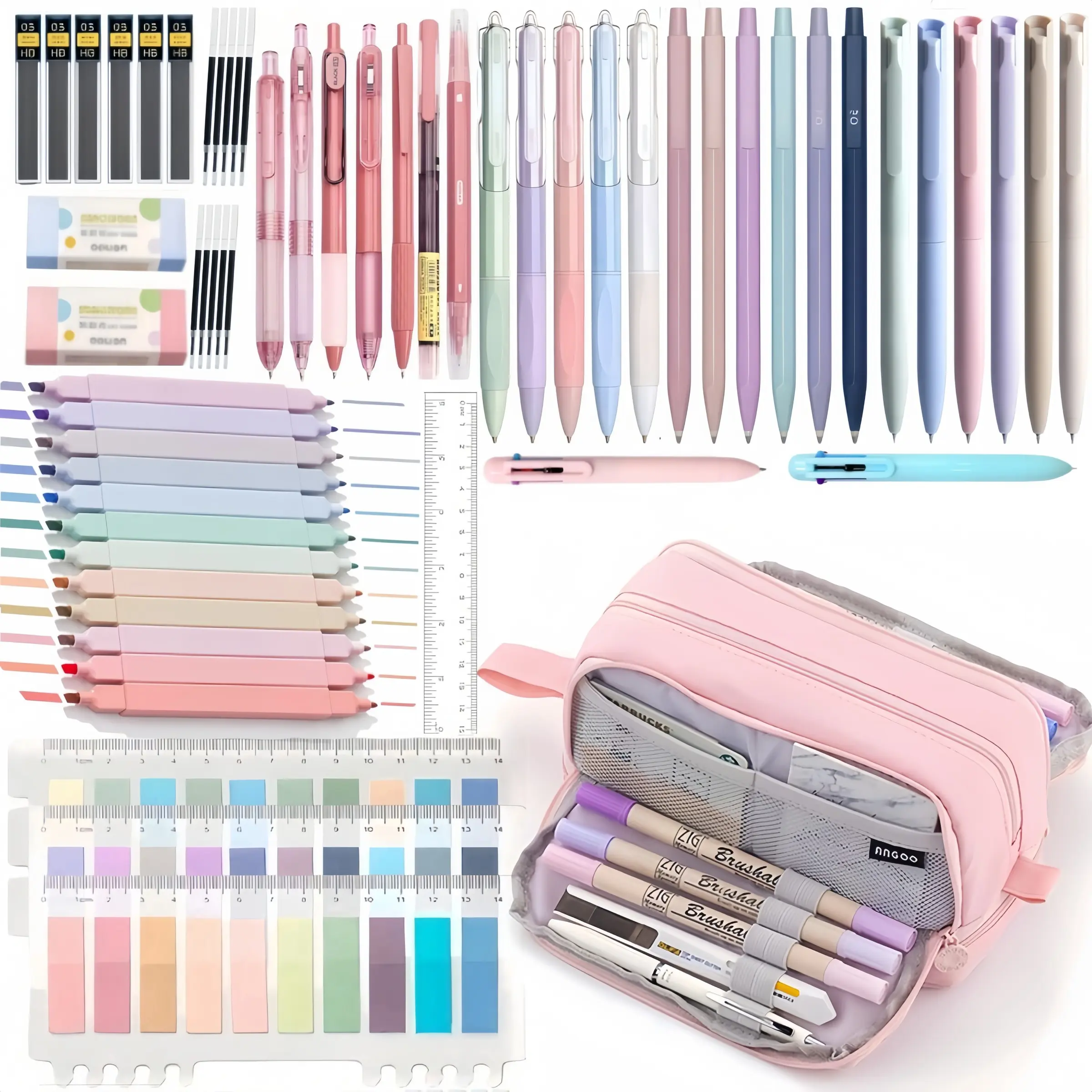 1Set Morandi stationery set,back to school,Aesthetic School Supplies,Large Capacity Pencil Case,8PCS black gel pens,Morandi 0.5mm mechanical pencil,Pastel Highlighters,sticky note,eraser,ruler,Office School Supplies Gifts for Women Men