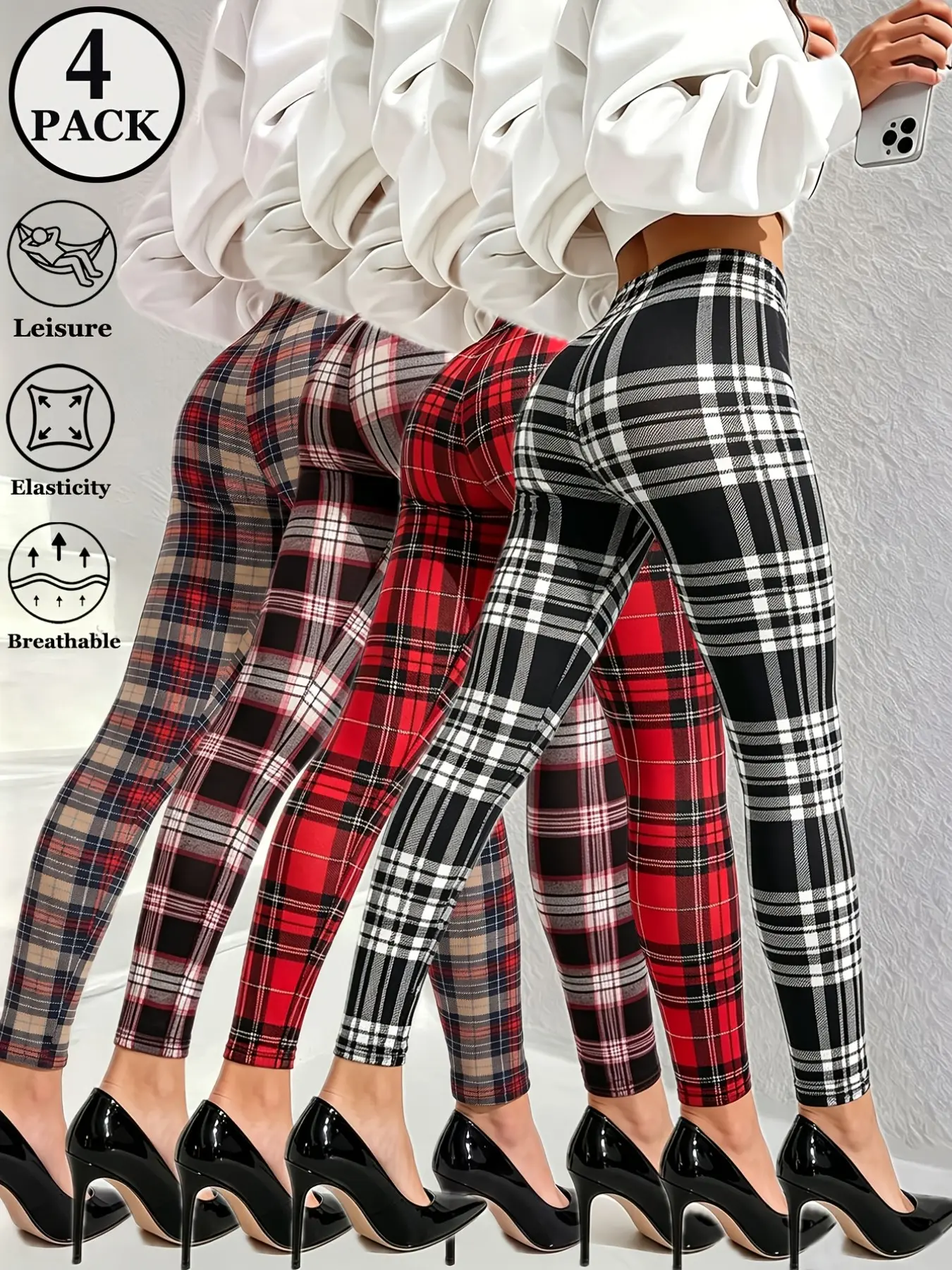 4 Pack Plaid Contrast Color Stitching Printing Women Casual Leggings, Matching Leggings All Match Cropped Tight Fit Pants Soft Comfortable Butter Like Smooth Knitting High Stretch Spring Summer Fall Winter Leisure Vacation