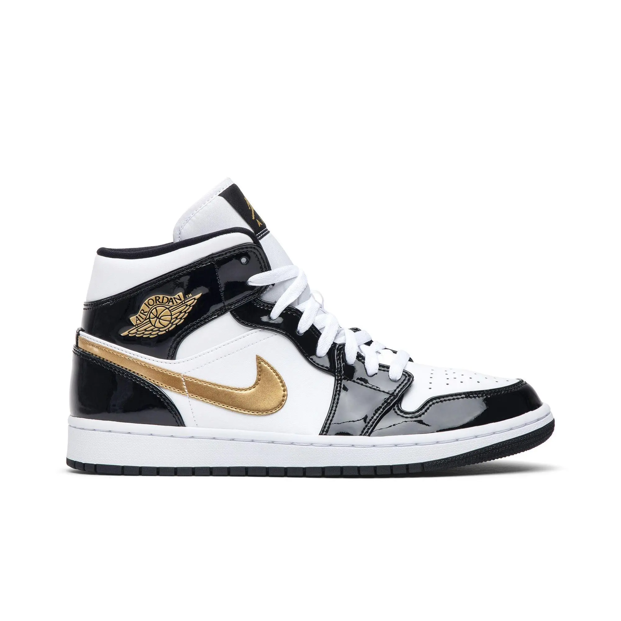 Air Jordan 1 Mid Patent SE 'Black Gold' (Unisex) Black/White/Metallic Gold retro basketball shoes 852542 007