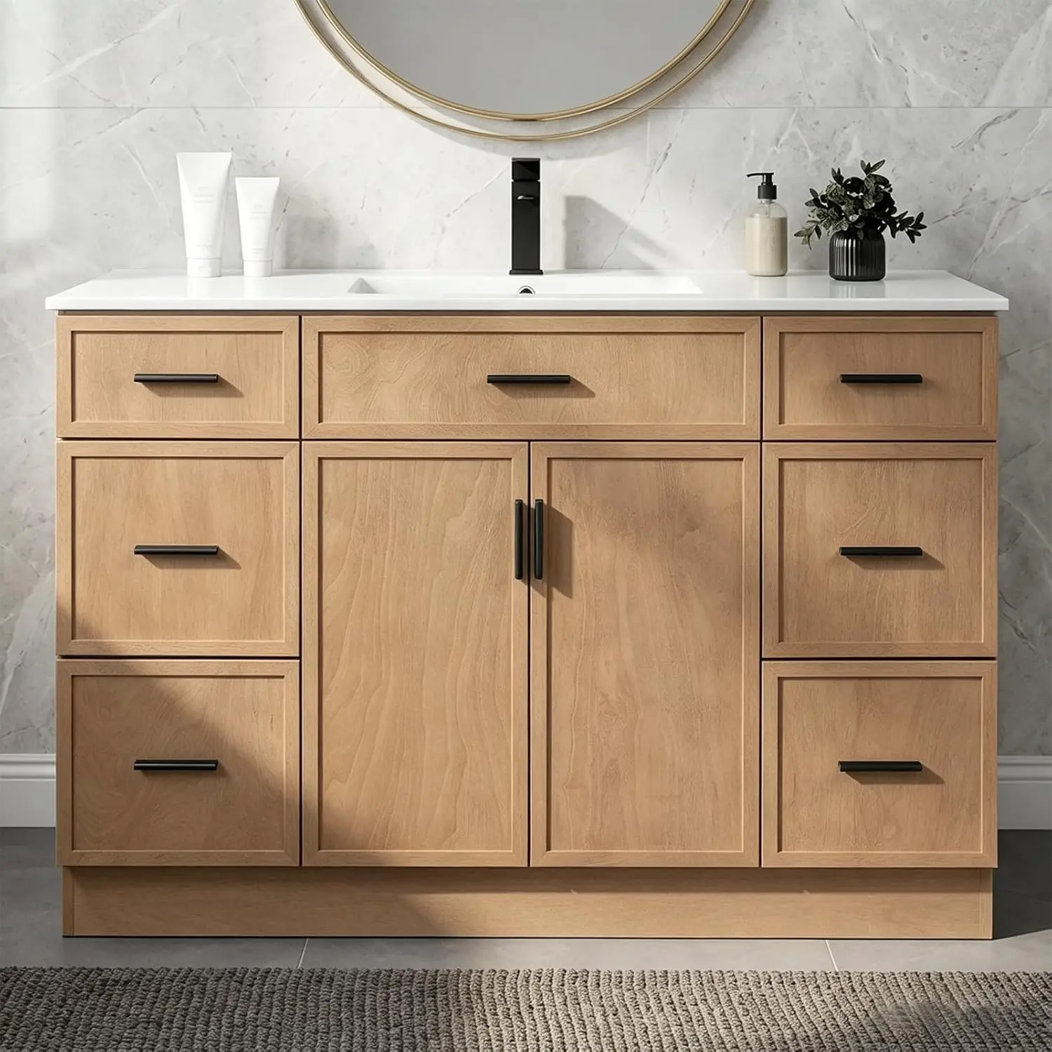 48 in Modern Farmhouse Look Floor-Standing Bathroom Vanity Cabinet - Moisture-Proof Rectangular Form Ceramic Basin, 6 Drawers, 2 Doors, Freestanding Storage Cabinet