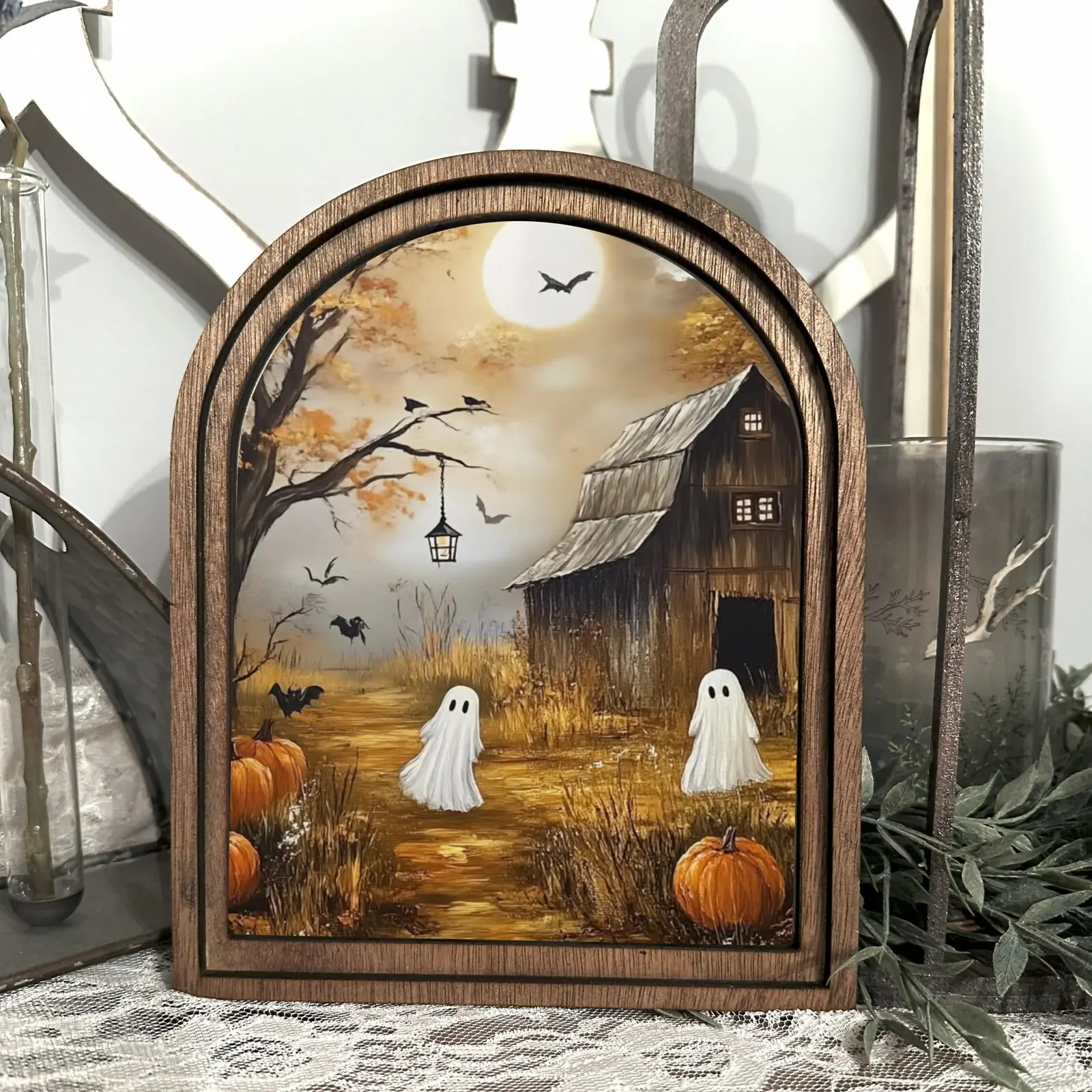 Rustic Halloween Wood Framed Arch Ghost Mini Sign, Wooden Home Sign, Decoration Items, Spooky Table Top Fall Decor, Halloween Tiered Tray Decor, Farmhouse Decorations for Home, Spooky Season Decor Gift