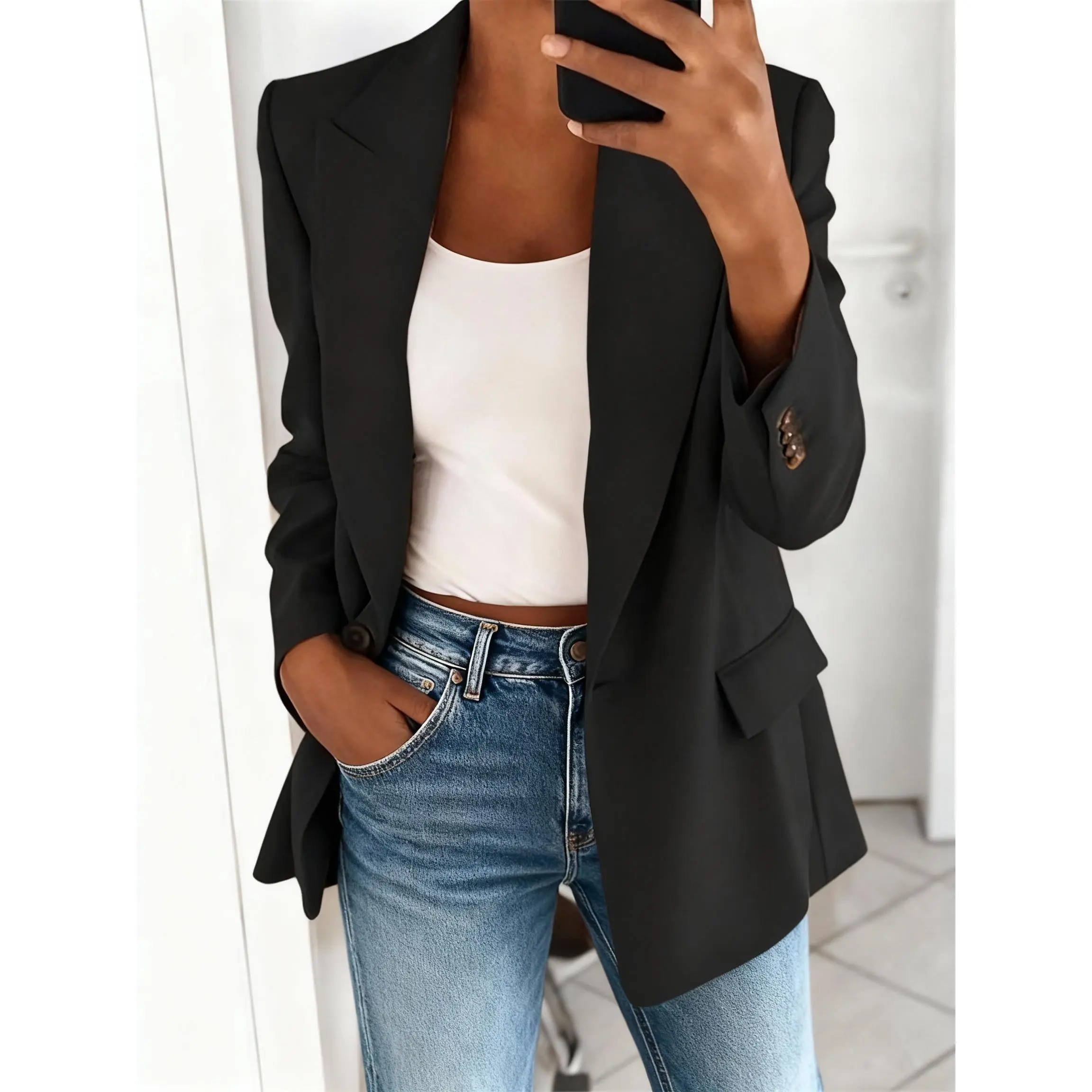 Plus Size Women's Solid Blazer, Chic Slim Fit Open Front Jacket, Minimalist Top for Business Casual and Teacher Outfits, Skirts, Black Top, Simple