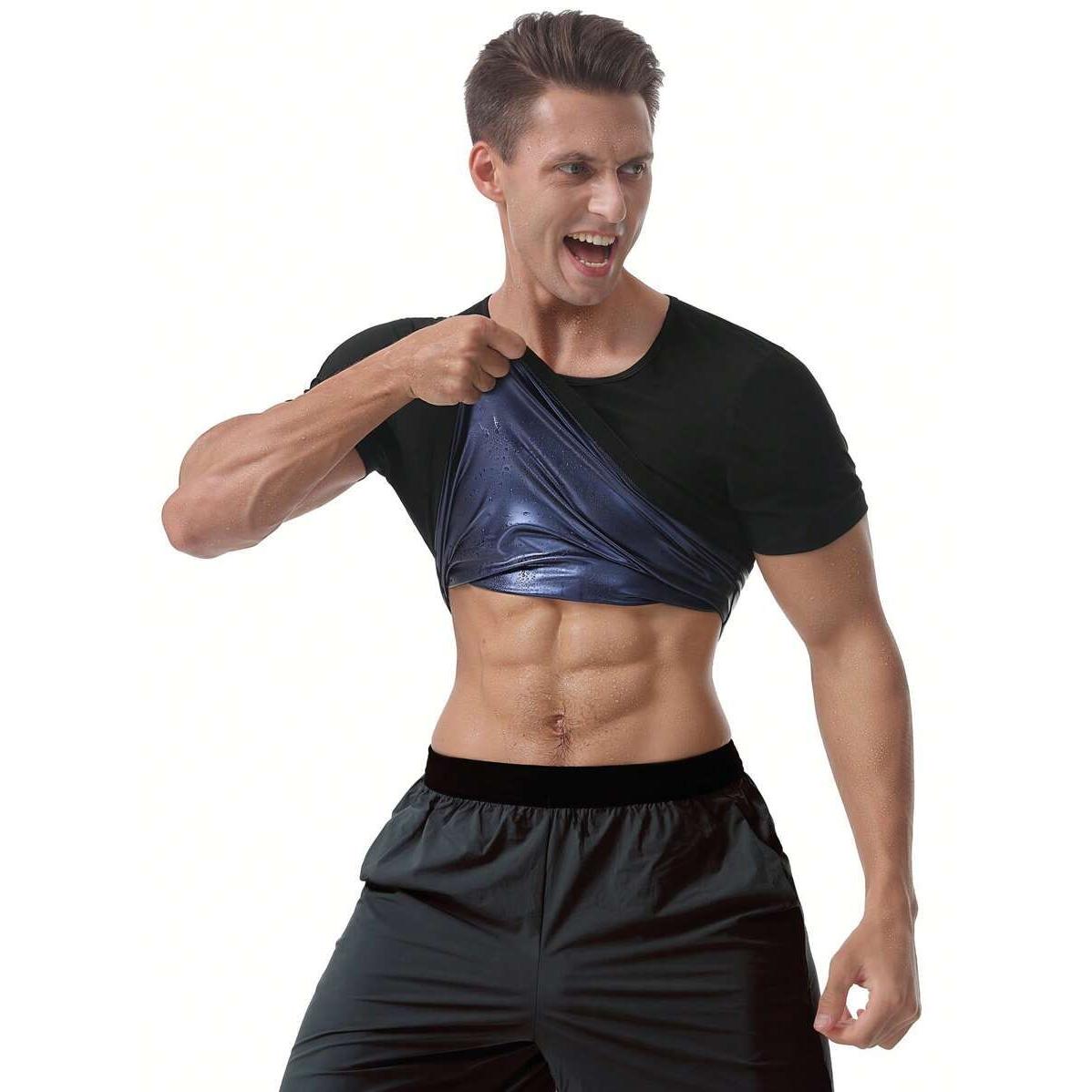 Sauna Shirt for Men, Tummy Control Compression Sweat Sauna Workout Suit, Gym Exercise Compression T-Shirt Waist Trainer Sweat Suit Short Sleeve Sports Shapewear