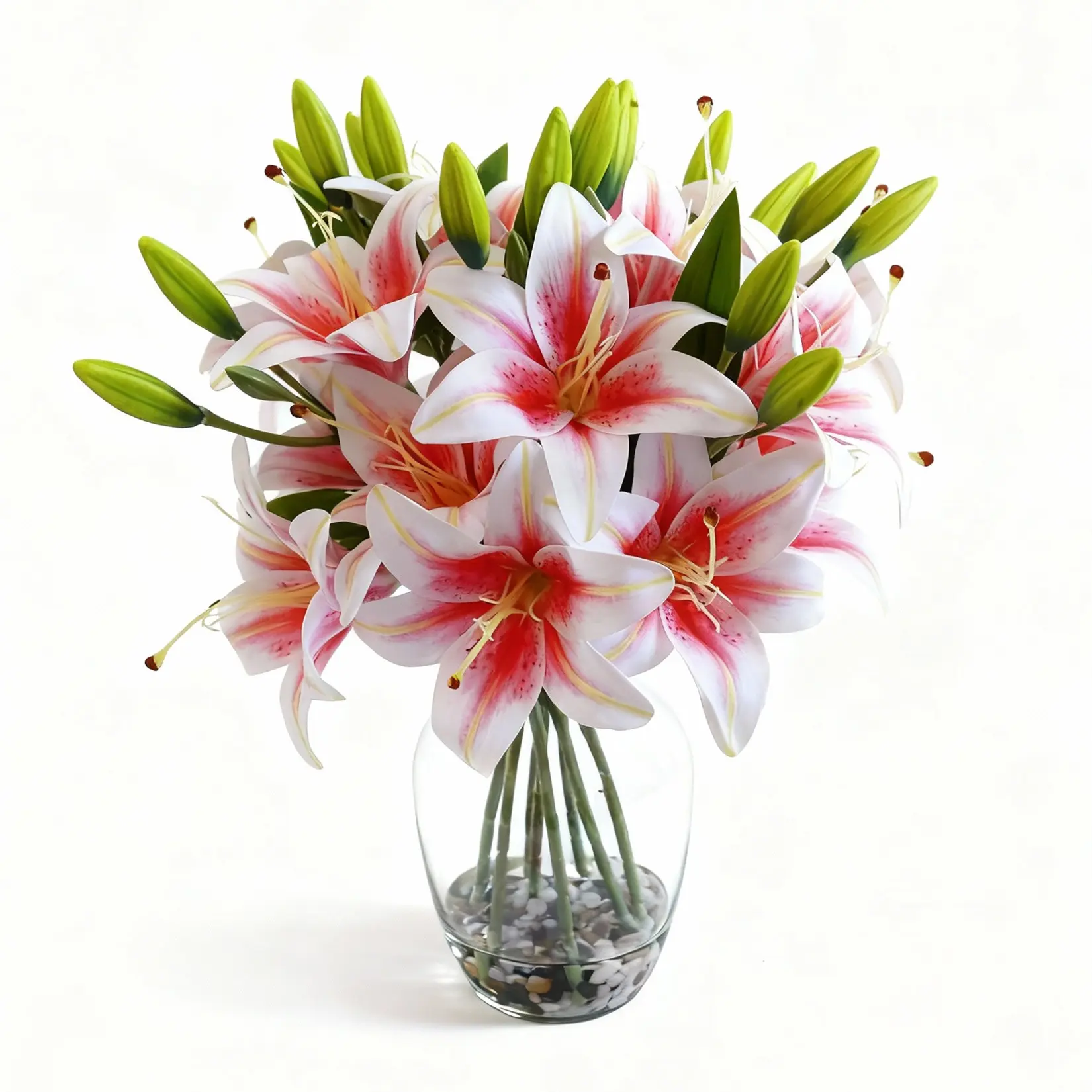 Elegant Artificial Lily Flowers with Glass Vase & Faux Water, 15.7 in Tall Lifelike Fake Flower Arrangement for Home Desktop, Bedroom Decor, Anniversary, Housewarming Gift