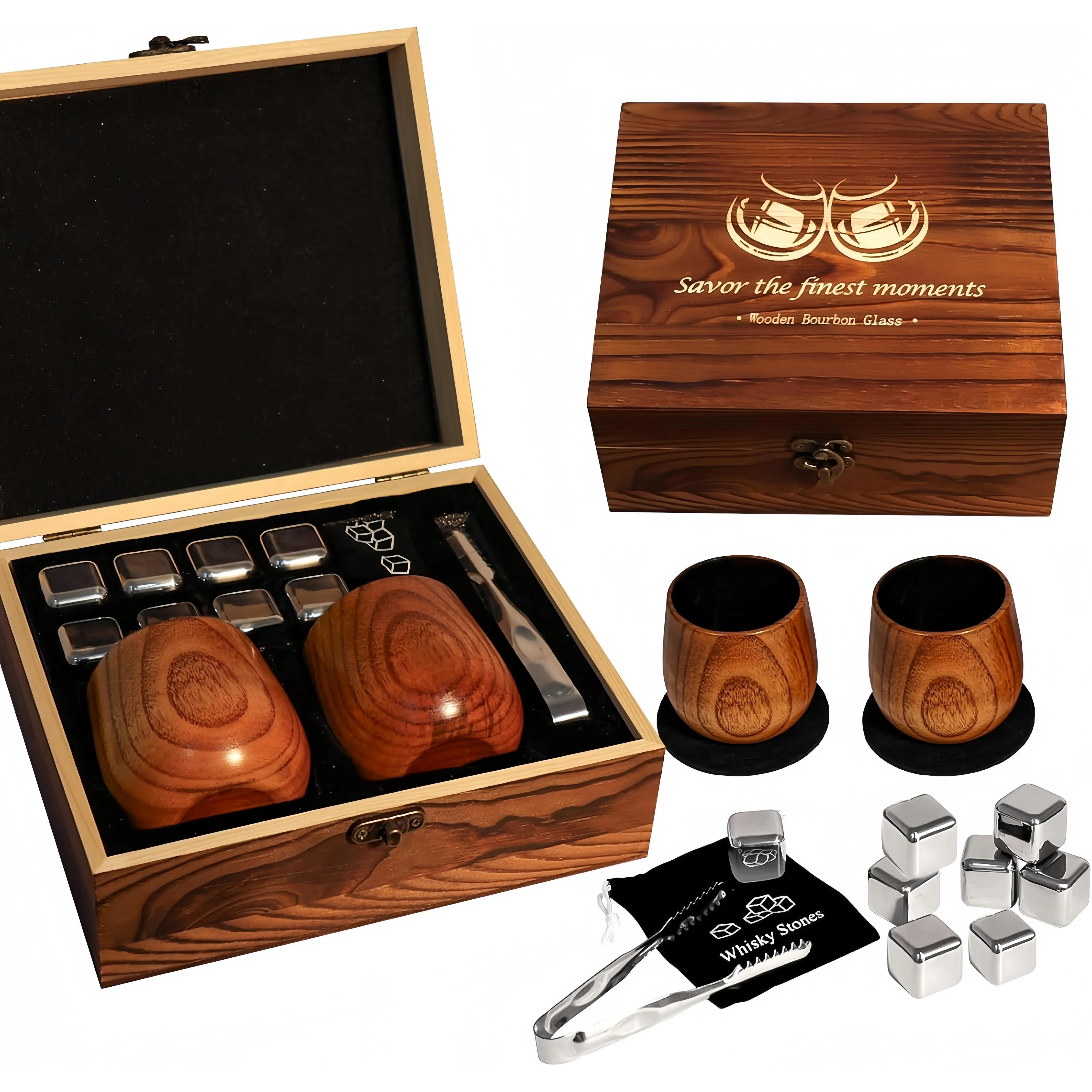 Charred Wood Whiskey Duo, Bourbon Gift for Retired Dad, Present for Boyfriend, 2 Cups