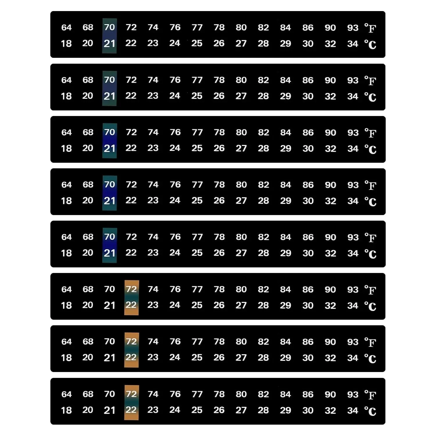 8-Pcs Easy-Read Adhesive Strips Thermometer, 64-93°F (18-34°C) for Aquarium Care, Brewing Wine Use