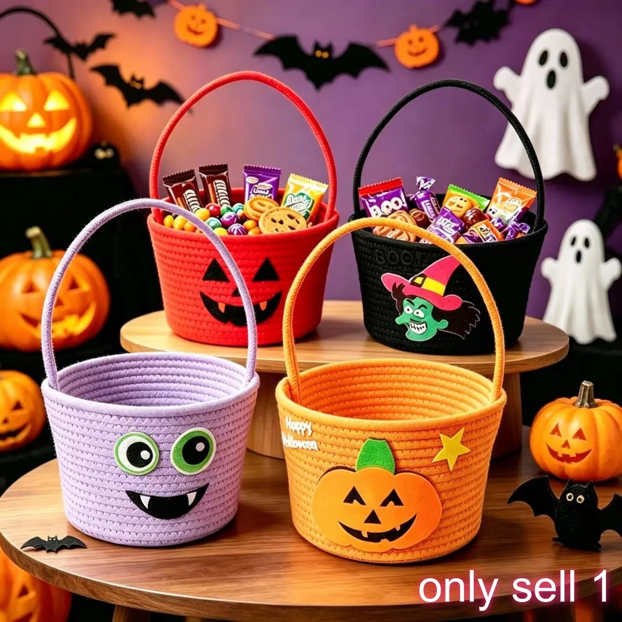 Halloween Kids Candy Basket, Woven Rope Pumpkin Storage Basket, Perfect for Halloween Parties, Holds Candies, Chocolates, Gifts, Party Favor Bag