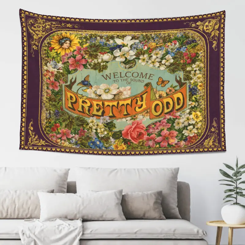 Vintage Retro Floral Welcome Quote Border Print Tapestry, Lightweight Peach Skin Fabric Wall Hanging, Ornate Botanical Bird Home Decoration for Bedroom, Living Room, Multiple Sizes Available