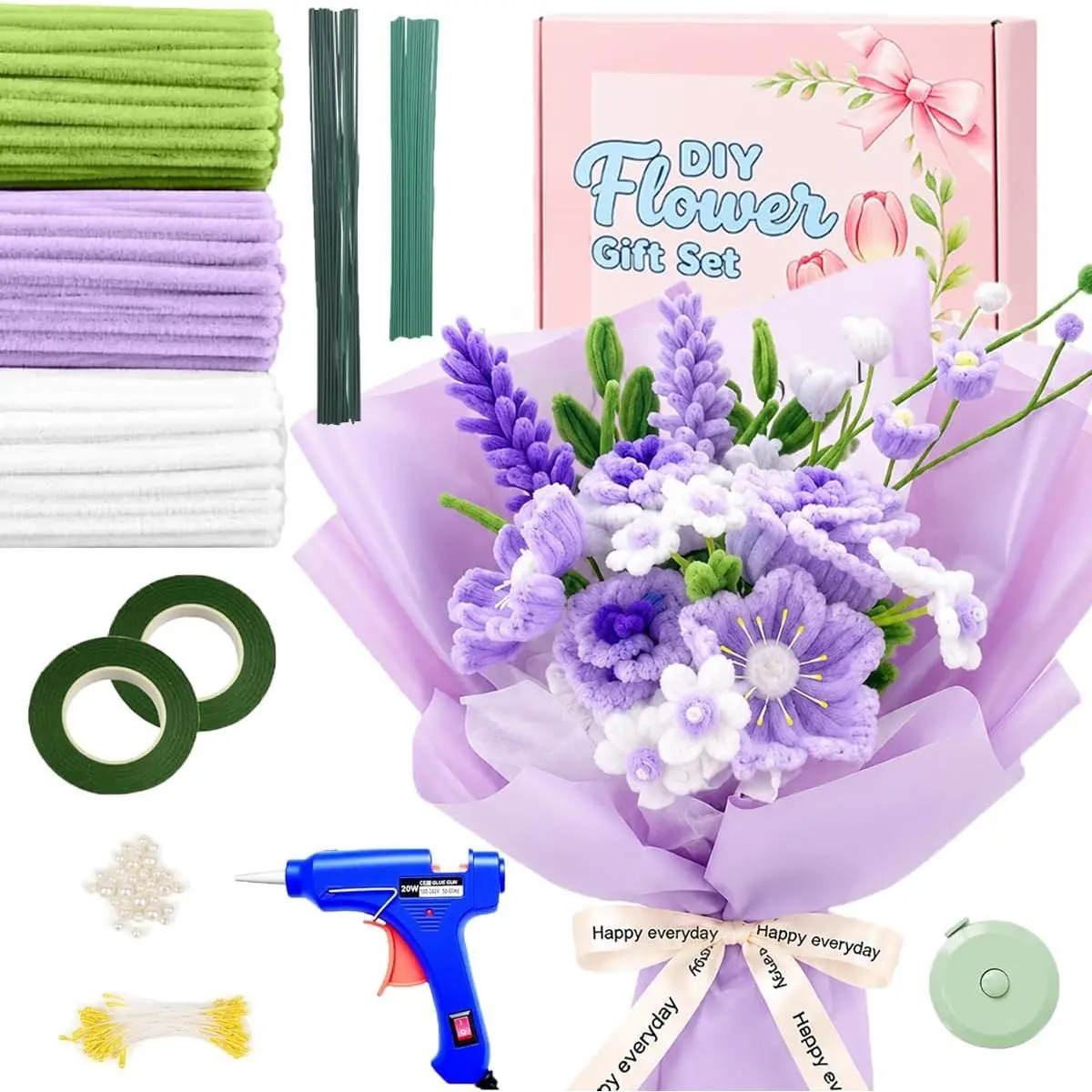 DIY Pipe Cleaner Flower Kit, 250 count Pipe Cleaners Craft with Floral Wire & Tape, Flower Making kit for DIY  & Crafts, Creative Arts and Crafts  for Adults ()
