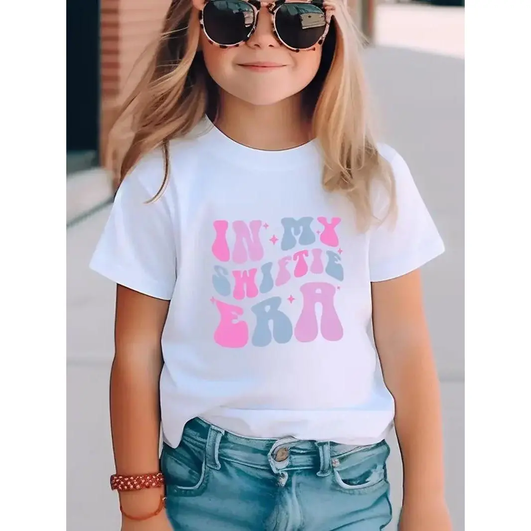 Girls' Graphic Print T-shirt with 'In My Swiftie Era' Design, Casual Crew Neck Short Sleeve Summer Top for Kids