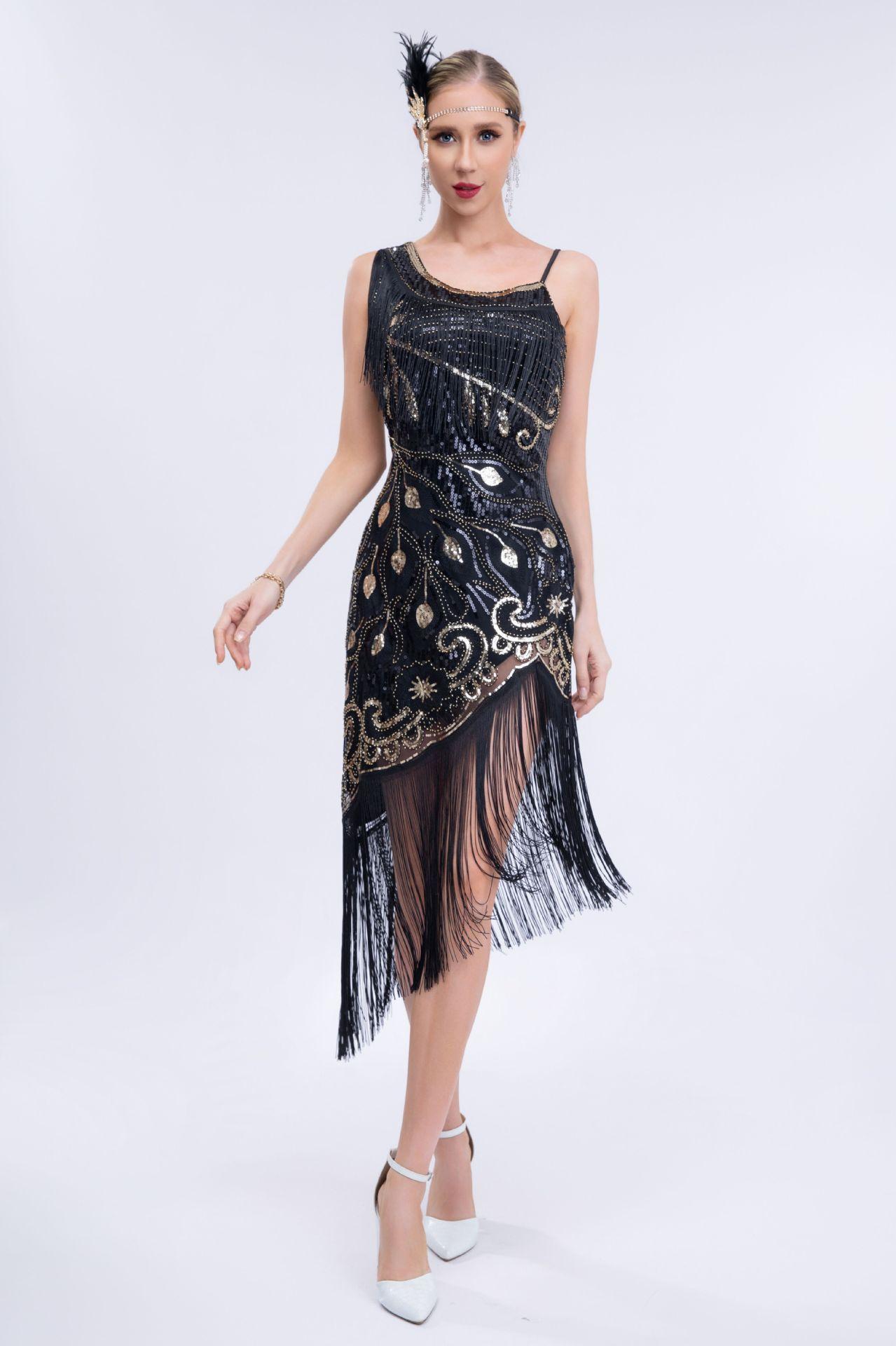 1920s Vintage Sequin Fringe Dress – Western Ballroom Midi Evening Gown, Glamorous Roaring 20s Party Dress
