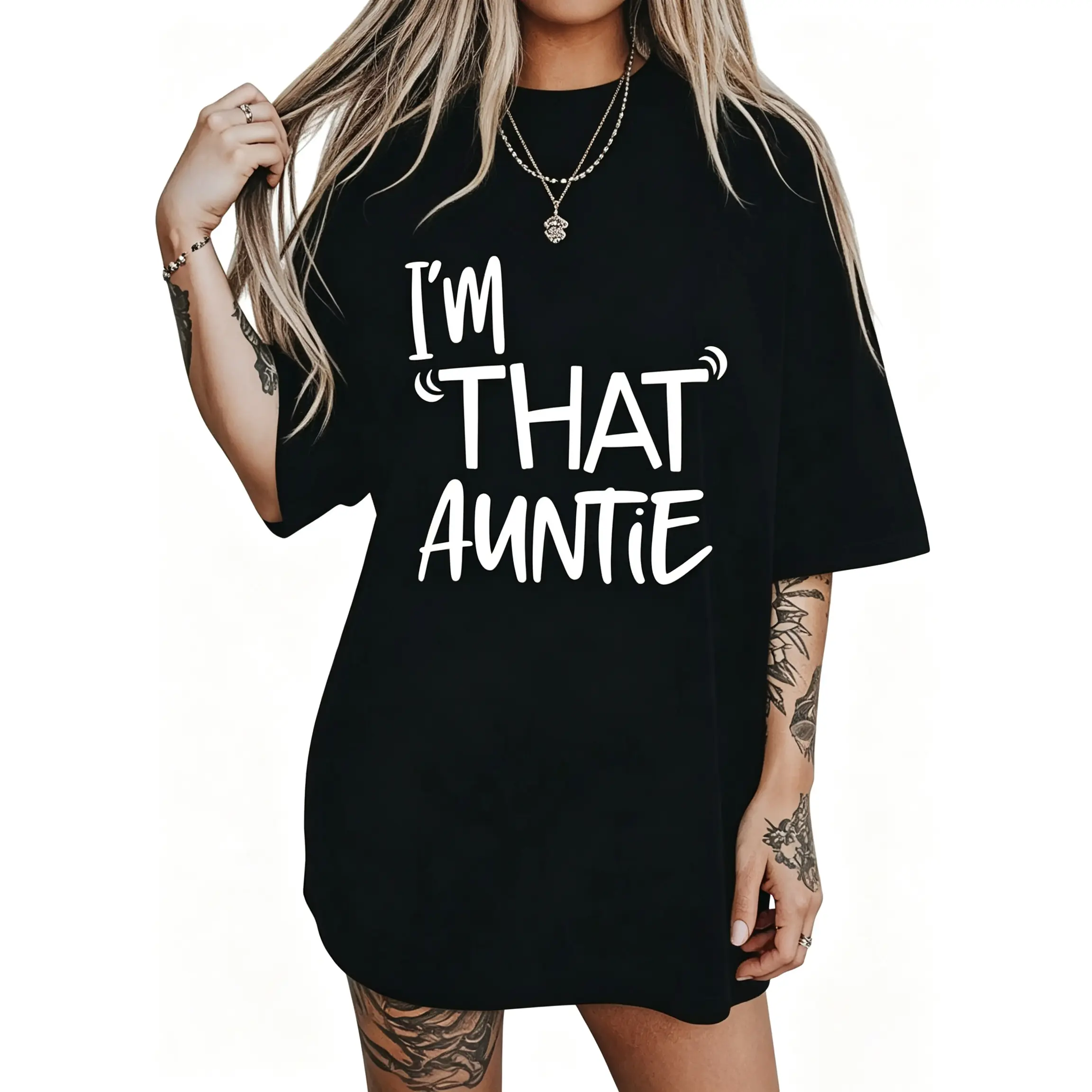 Women’s cotton "I’m That Auntie" funny best aunt T-shirt, short-sleeve round neck casual wear, classic soft crew neck summer outfits, plus-size fashion T-shirt for streetwear