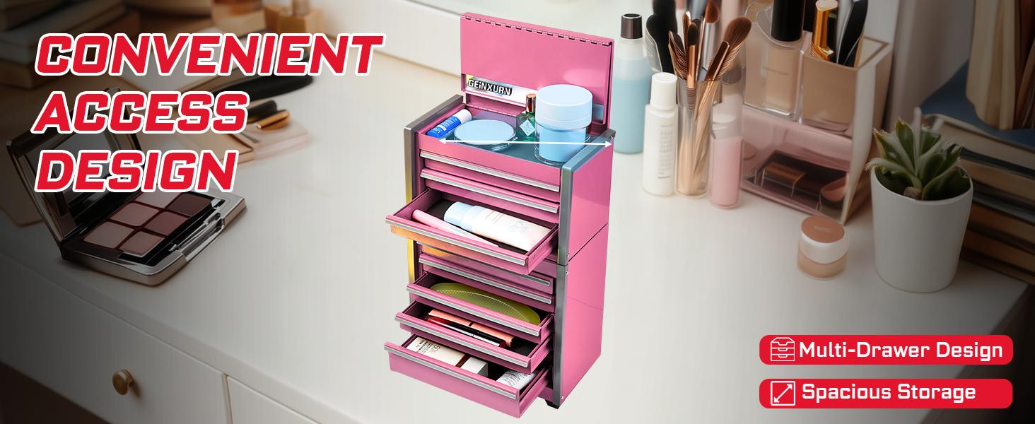 Mini Tool Box 3 Drawer Top Chest and 5 Drawer Roll Cab with Locking Stackable Hand Carry Tool for (Pink)