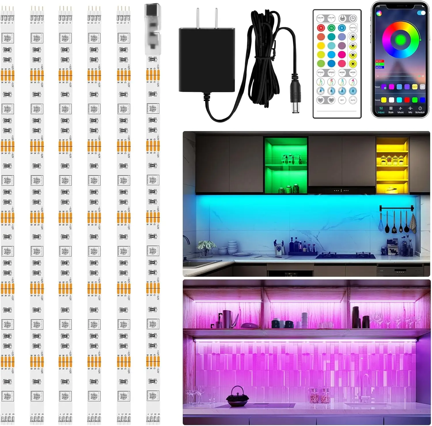 6-Piece RGB Under Cabinet Led Lights Kit, App & Remote Control, Music Sync Color-Changing, ETL-Listed Power Adapter Included, 9.8ft for Home Improvement Cabinet, Counter
