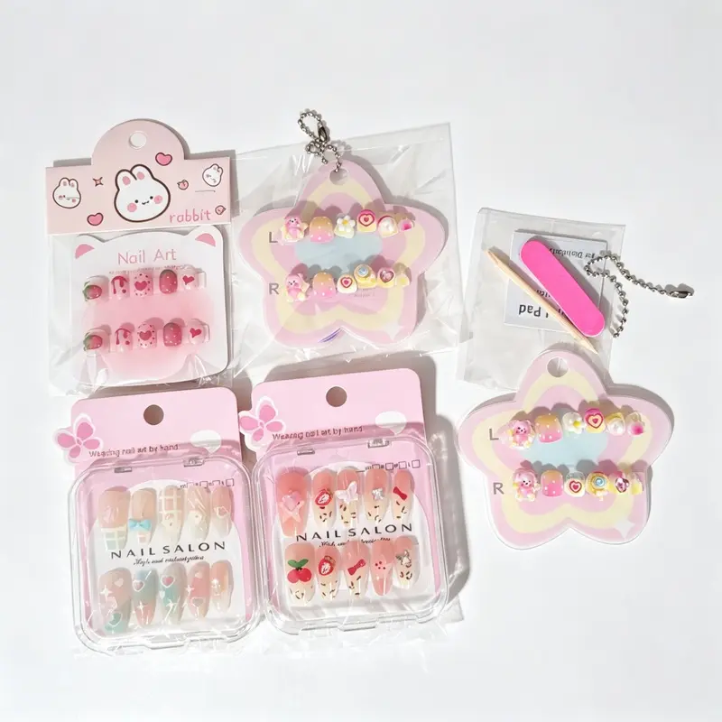 3D Decor Cartoon Kids Press On False Nails, Heart Cherry Rabbit Self Adhesive Nail Art Tips, Little Girls Cosplay Pretend Jewelry, Birthday Party Photo Booth Props Gift for Students