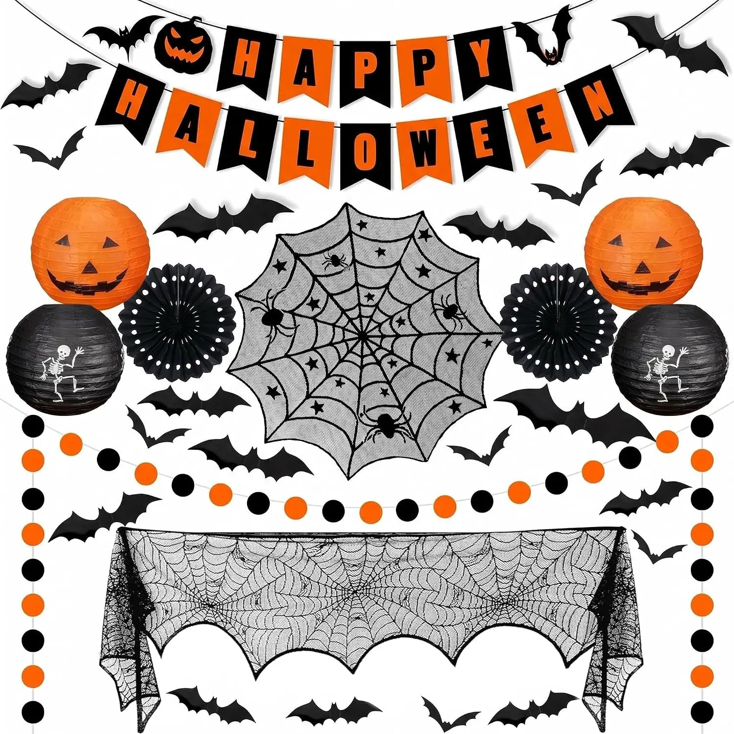 60 count Halloween Decorations Indoor Set,  Decor Happy Paper Lanterns & Fans, Fireplace halloween decor, Spiderweb Tab Runner, Banner, Scary  Bat Sticker, Halloween Party Spooky.