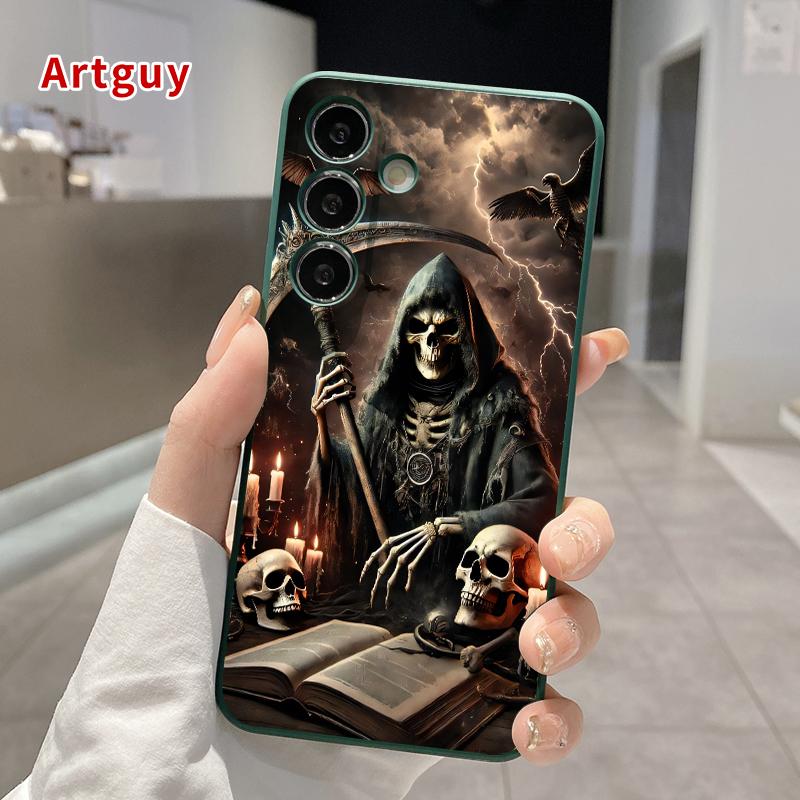 Grim Reaper Pattern Straight Edge Phone Case Compatible with Samsung S24 ultra plus S25 S23 S22 Ultra Plus Shockproof Full Camera Protection Durable Slim Silicone Cover