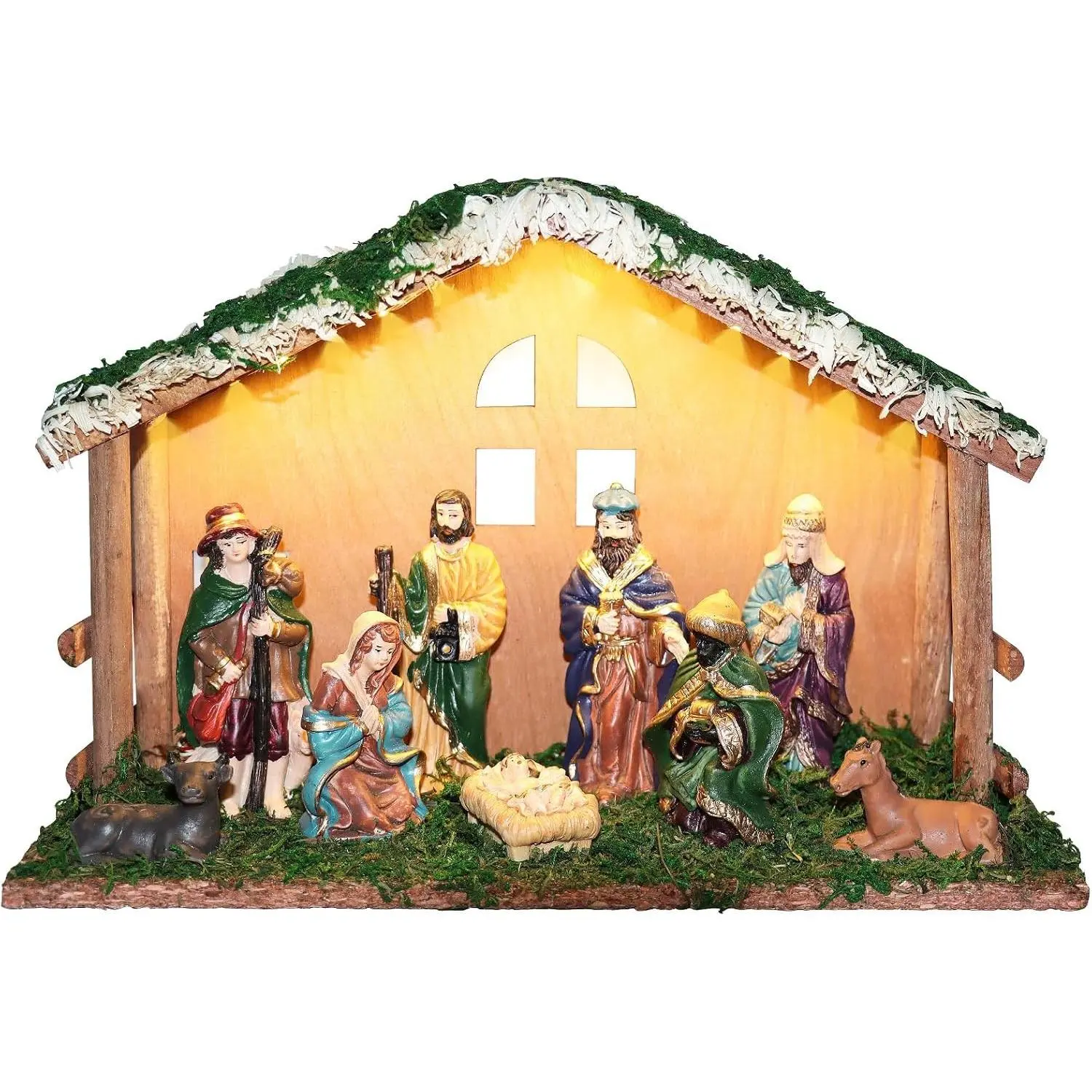 Lighted Christmas Nativity Set, Nativity Sets for Indoor with Wooden Stable, Nativity Scene Set & Figures for Christmas Decorations Indoor Tabletop Decorations