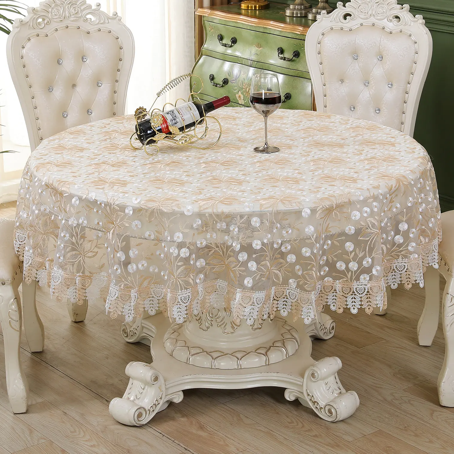 Glass Lace Embroidered Round Tablecloth, Elegant Floral Lace Round Tablecloth, Romantic Dining Tablecloth for Weddings, Parties, Kitchen Decor