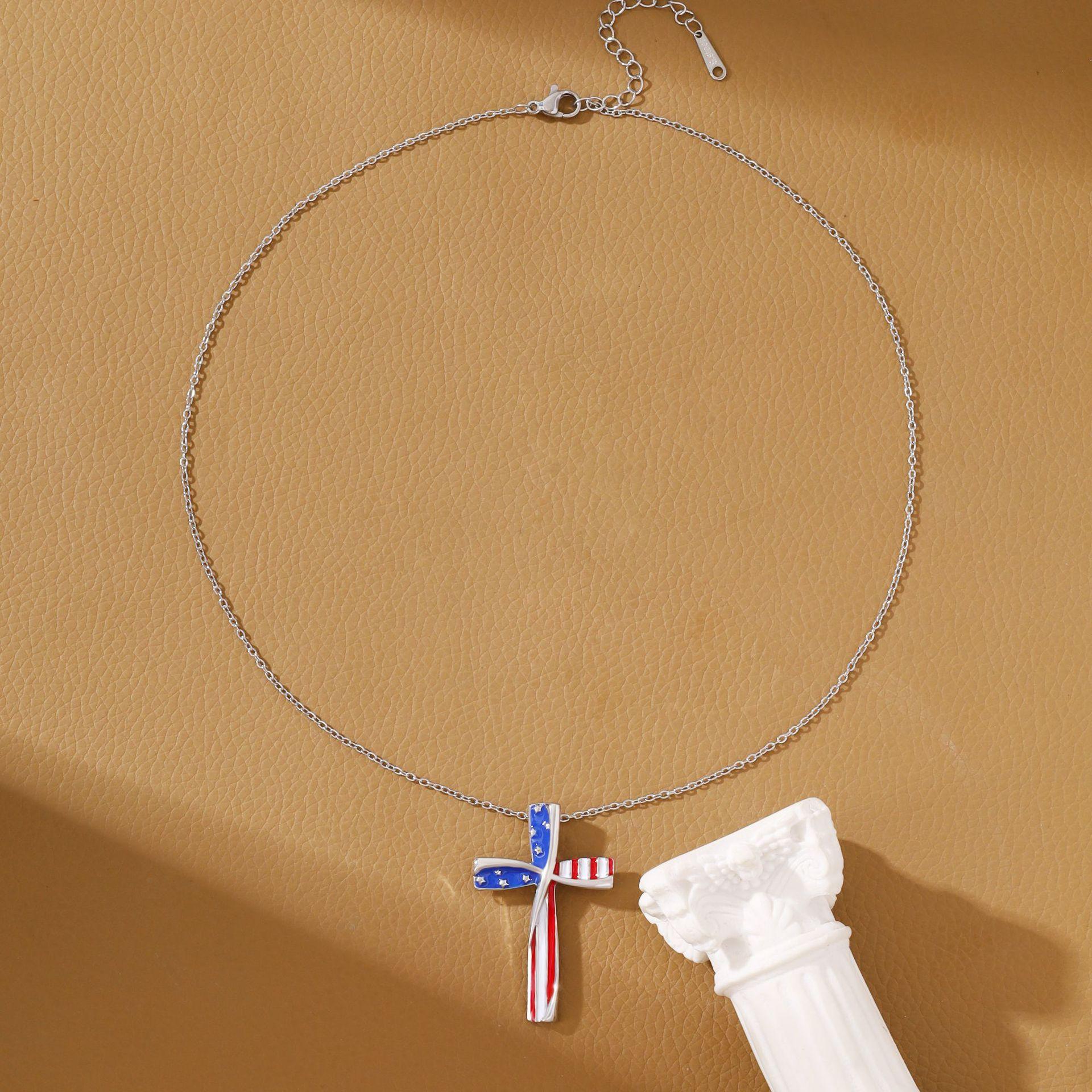 European and American American Flag Cross Pendant Necklace Unisex Accessories