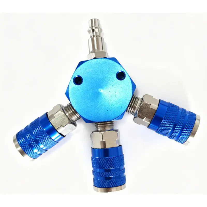 Air line connection diverter fitting, 1/ 4inch NPT threaded three-way air line diverter, equipped with 3 industrial-grade 1/4NPT quick connectors and plugs, hexagonal style air compressor line quick-connect fittings