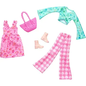 Barbie Clothes, Doll Fashions and Accessories Set Featuring 2 Complete Cottage Core Outfits, Including Floral Dress, Gingham Pants and More