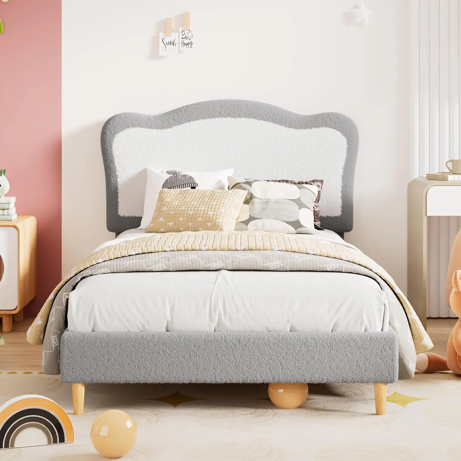 Twin/Full- Pink/Grey Kids Platform Bed with Scalloped Headboard, Low Profile & Sturdy Slats, No Box Spring