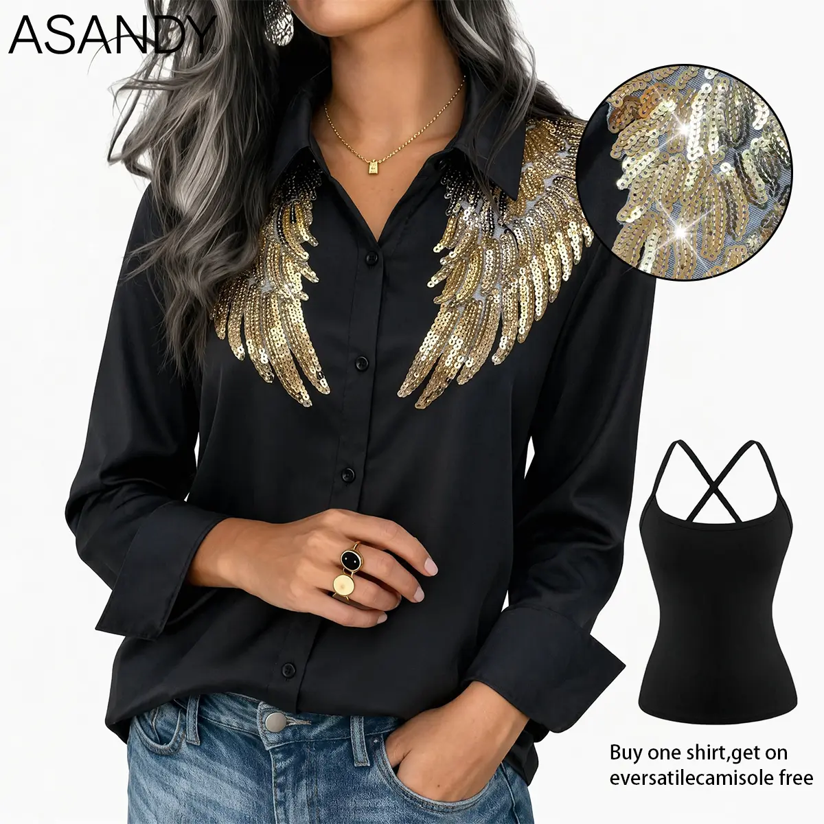 ASANDY Women's 2-Piece Style Long-Sleeve Top Set - Gradient Gold Sequin Wing-Embellished Satin Button-Down Blouse, Glossy Black Collared Shirt, Buy 1 Get 1 Free Crisscross Back Layering Cami Tank for Glam Party Nights