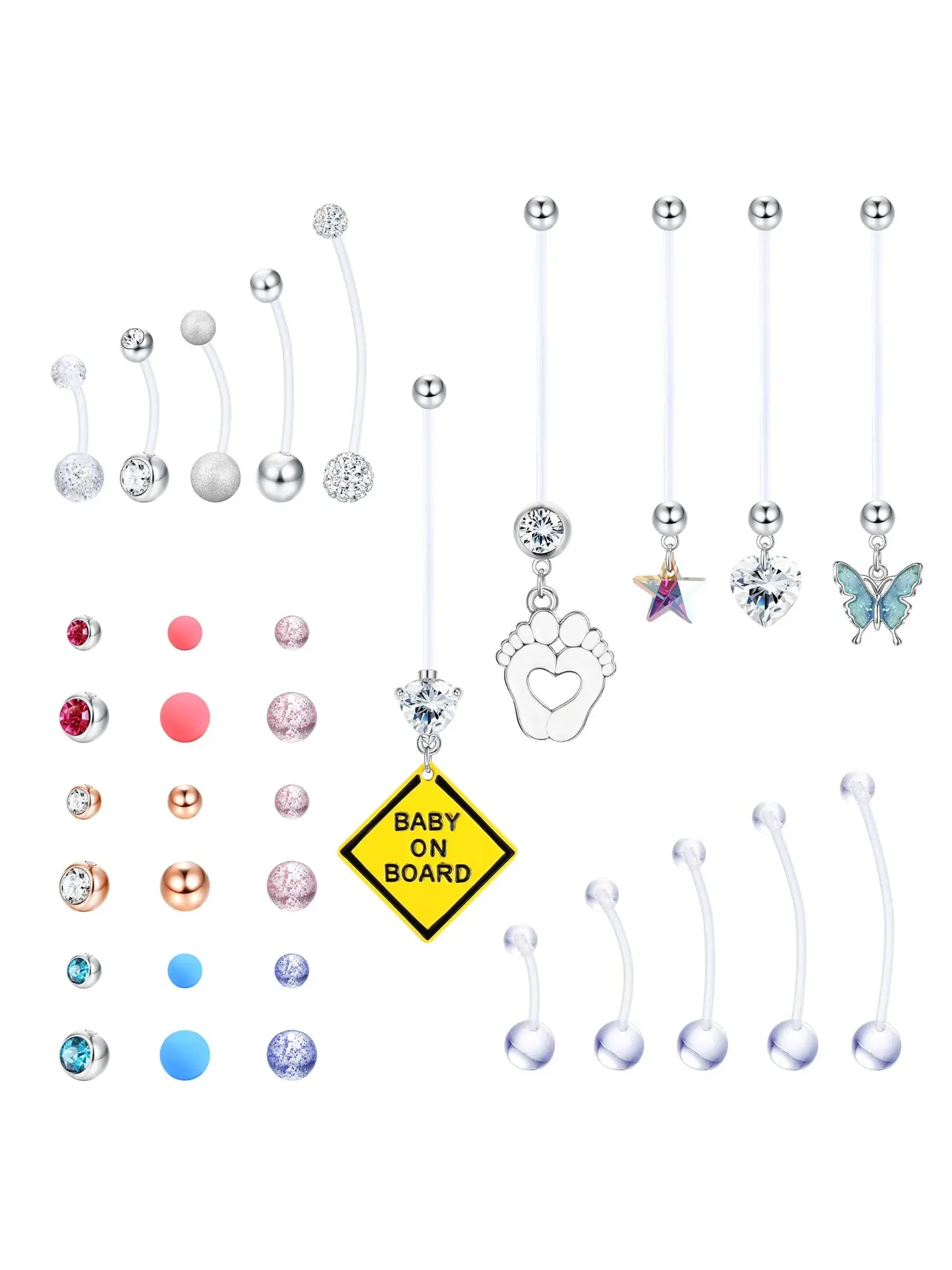 15 Pcs Transparent Bendable Plastic Long Bar Maternity Navel Rings, Pregnancy Belly Rings, Acrylic Stainless Steel Belly Piercing Jewelry for Women Men Clear Acrylic Dangle Belly Button Studs for Workout Daily Casual Outfits