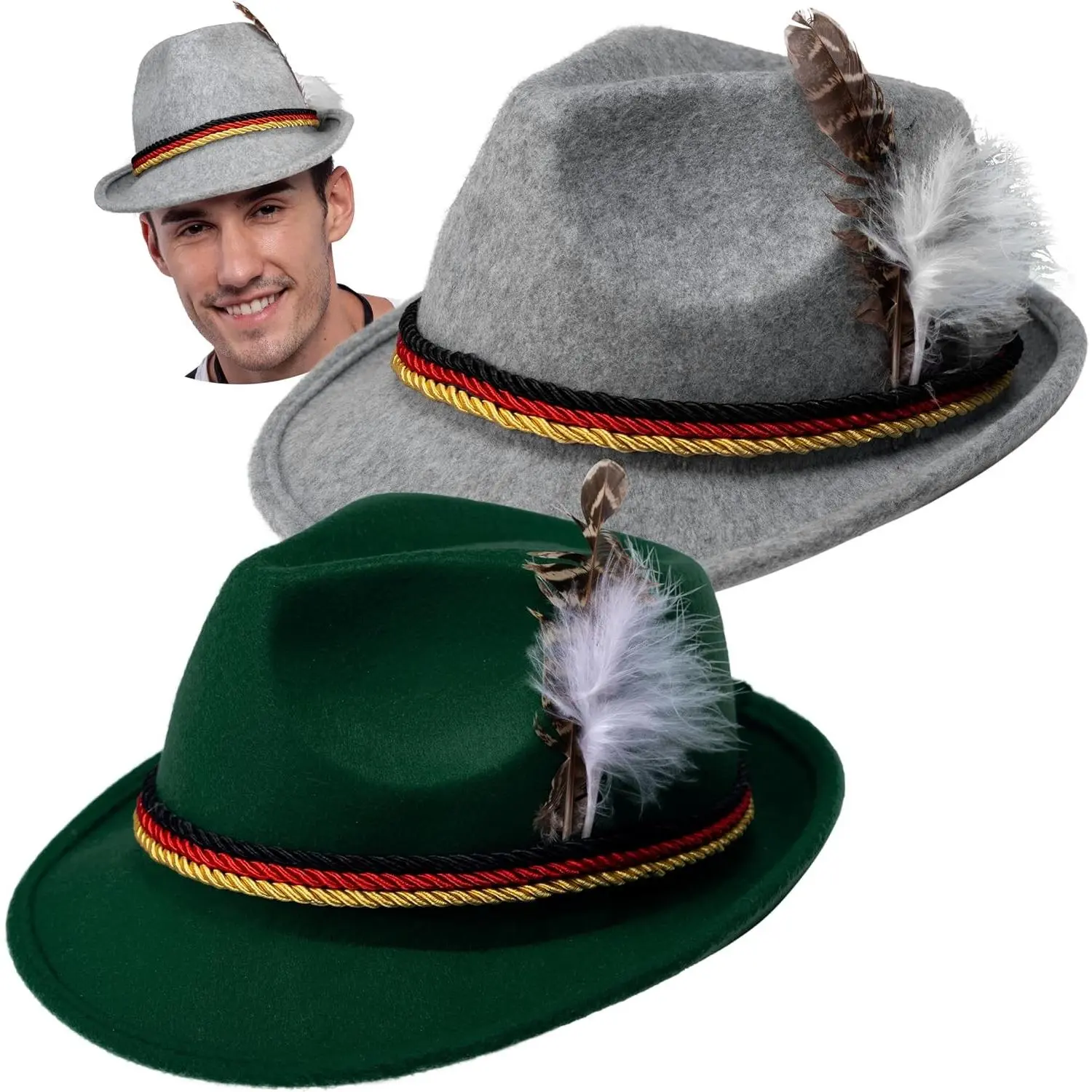 German Oktoberfest Hats, 2 PCS Costume Accessories Set, Green Gray Felt Fedora Retro Hats for Adults, Bavarian Alpine Halloween Dress Up, Role Play Party(Gift)