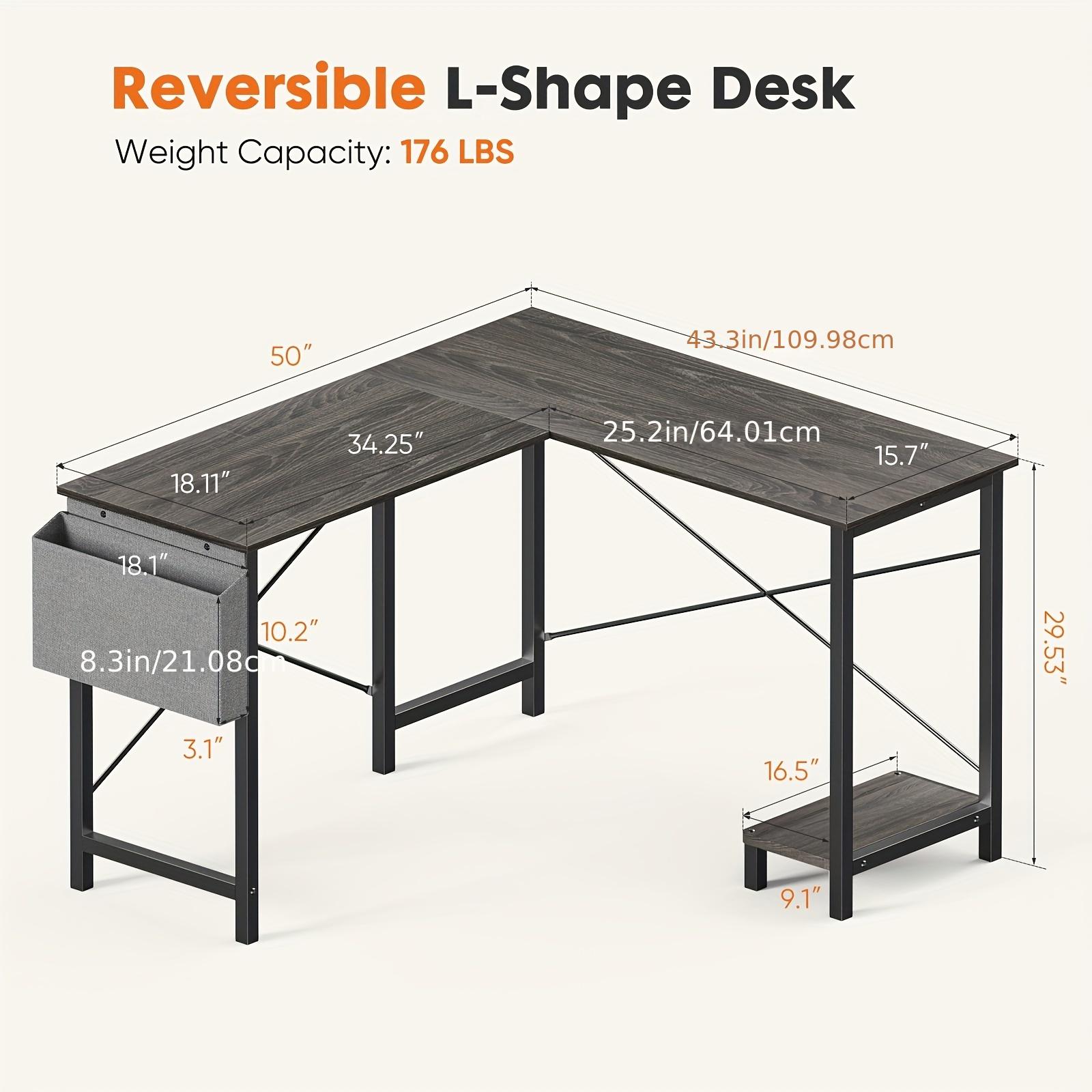 Modern Hardwood Reversible L-Shaped Corner Standing Desk with Storage Bag - Spacious Metal Frame Computer Table for Bedroom, Study & Small Spaces