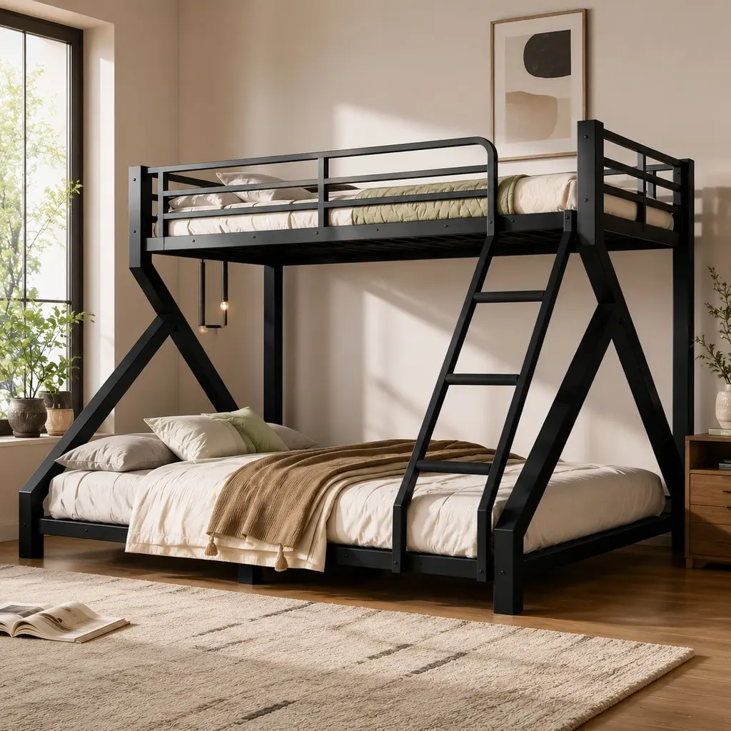 ARCH Furniture Twin XL-over-Queen Metal Bunk Bed with Ladder, 62.99"W x 82.68"D x 59.45"H, Sturdy Black Finish, Secure 83.78 lb Heavy-Duty Upgraded Slats, No Box Spring Needed, Stable Space-Saving for Kids, Ideal for Guest Spaces, Assembly Required