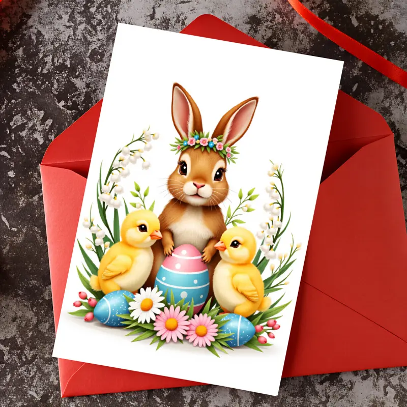 A cute Easter greeting card with adorable rabbits, chicks, and flowers printed on the front, and a blank inside page, suitable as a spring holiday gift for children and families