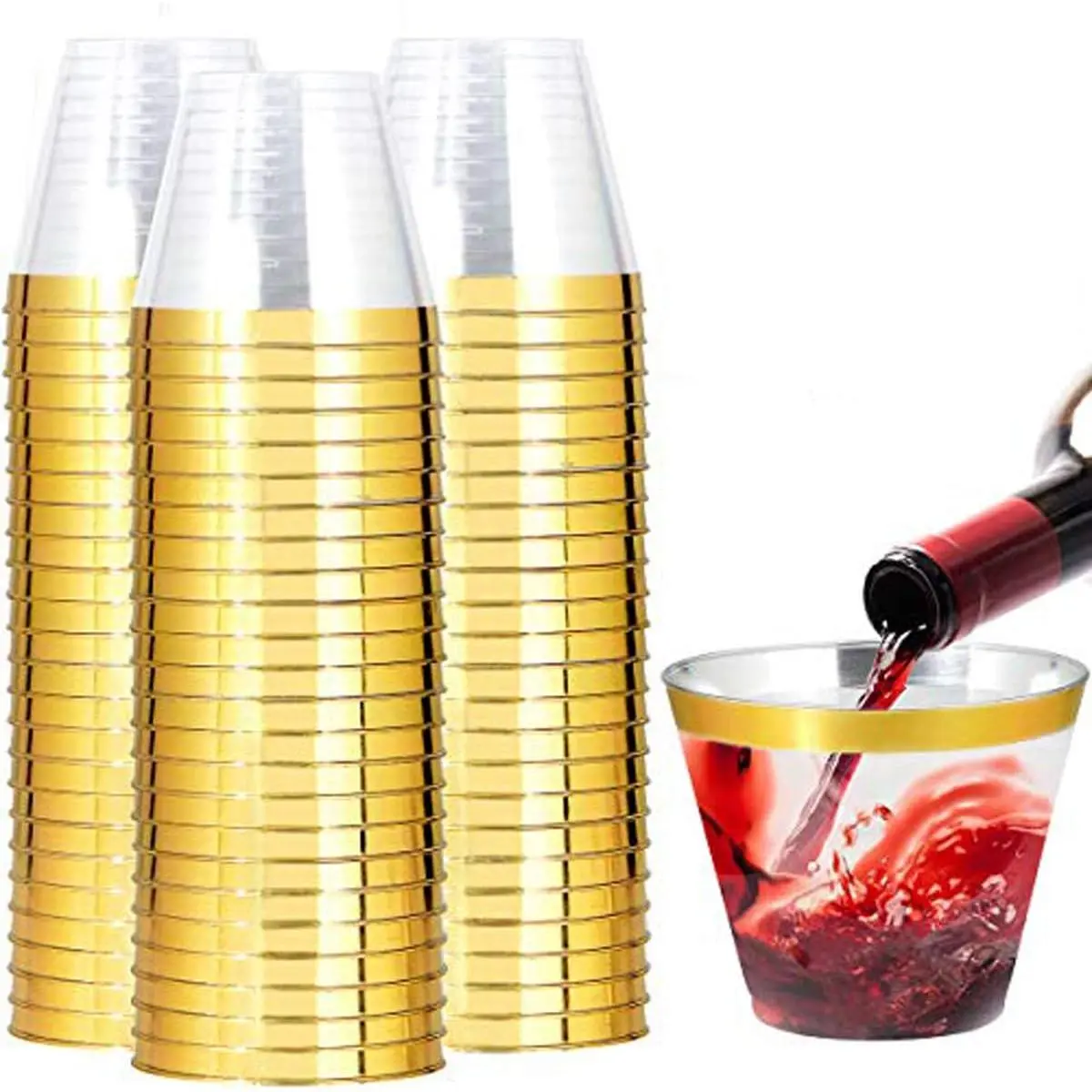 200 Pack Gold Plastic Cups, 9 Oz Elegant Clear Plastic Cups Gold Rimmed Disposable Wine Glasses Fancy Disposable Party Cup Wedding Cup Drinking Tumblers Cocktail Glasses Perfect for Party