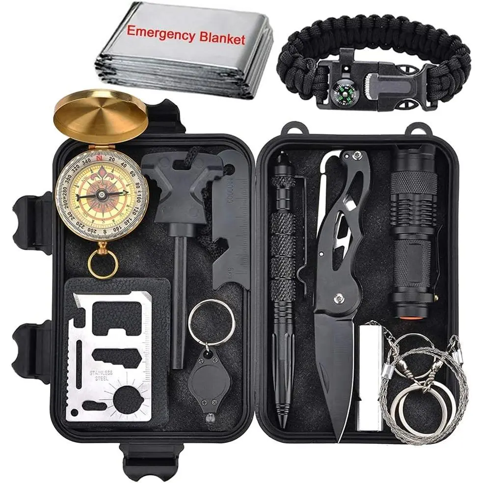XUANLAN Emergency Survival Kit 13 in 1, Outdoor Survival Gear Tool with Survival Bracelet, Fire Starter, Whistle, Wood Cutter, Water Bottle Clip, Pen (Survival Kit 2)