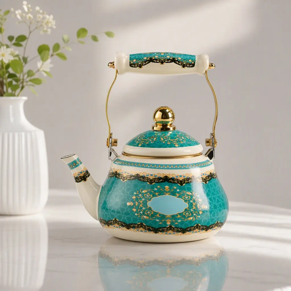 Moon Journey Floral Enamel Tea Kettle, Ceramic Handle Pear Shape Retro Water Pot, 1.5L/2.0L/2.5L Large Capacity, Gas Stove & Electric Cooker Compatible