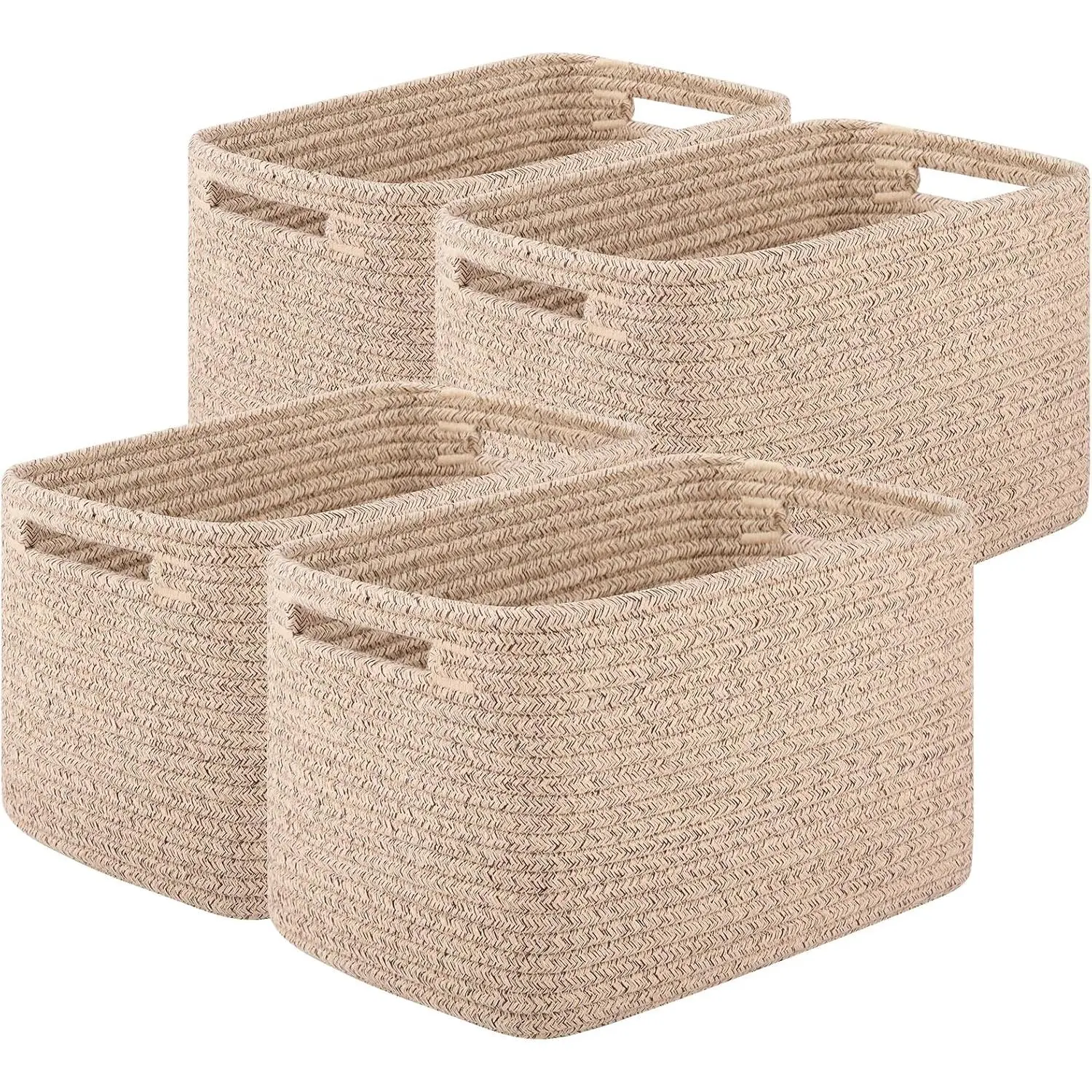 Brown Cotton Rope Woven Decorative Storage Baskets (Pack of 4) - 12.7''Lx9''Wx7.8''H, 2 Sturdy Handles, Safe for Kids and Elders, Pet Supplies Organiser for Playrooms