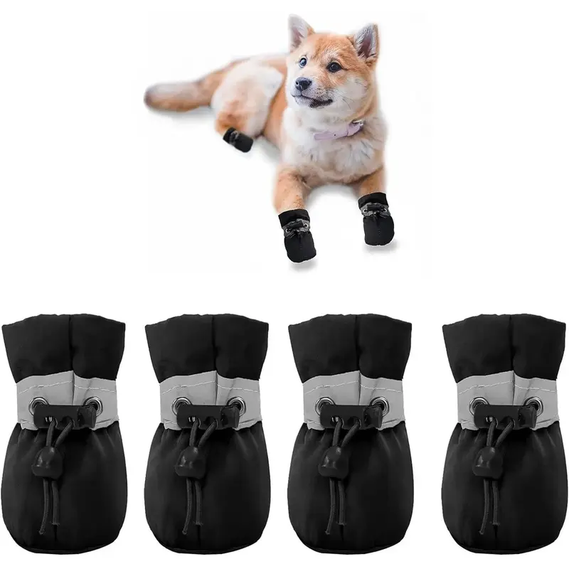 Adjustable Reflective Dog Shoes, Waterproof Non-Slip Pet Boots, Soft Lightweight Puppies Paw Covers, 4-Pack for Rainy Snowy Walks, Small to Medium Dogs