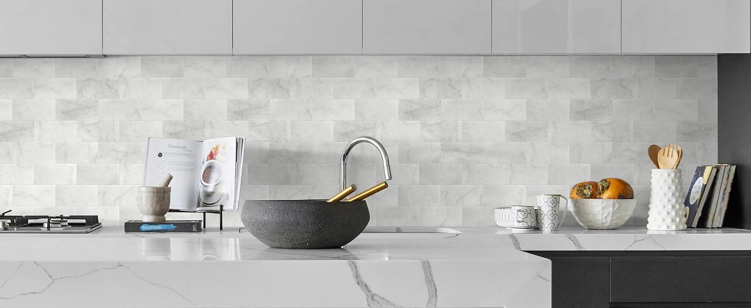 40-Sheet Subway Peel and Stick Natural Stone Self Tiles, 6" x 3" Stick on Backsplash for Fireplace, Carrara White