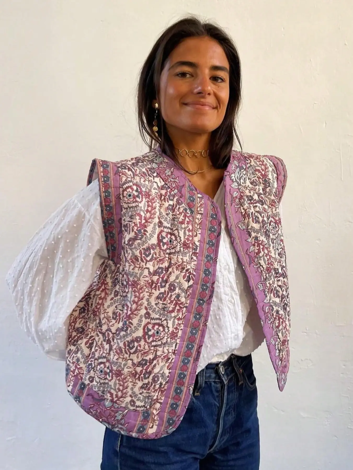 Women's Summer/fall Casual Elegant Fashion Loose Fit Printed Patchwork Open Front Gilet Vests, June Festival Vacation Season