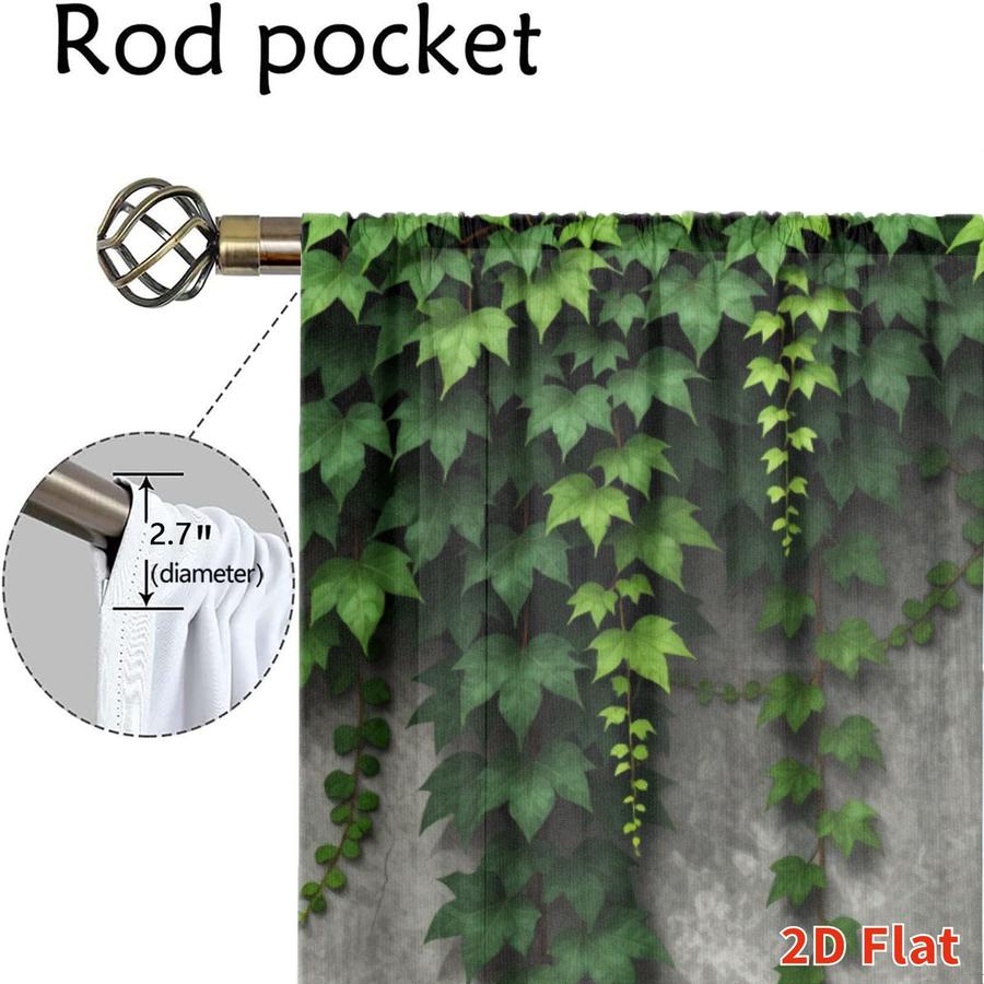 2Pcs Rustic Green Vine Leaf Concrete Wall Pattern Sun Blocking Curtains Digital Printed Rod Pocket, Window Treatment For Bedroom Office Kitchen Living Room Study Home Decor