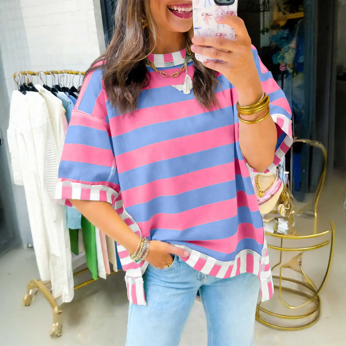 Women's Striped Exposed Seam Contrast Patchwork Oversized Top, Casual T-Shirt Summer Womenswear