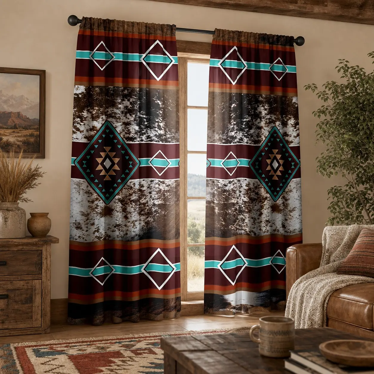 Western Style Curtain Set, Southwest Cow Print Curtains, Aztec Design, Semi-Sheer, Living Room Bedroom Decor, 2 Pieces