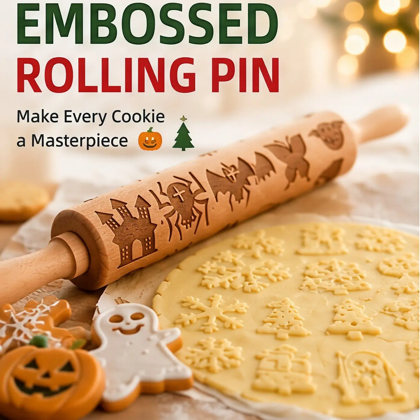 Holiday Embossed Wooden Rolling Pin Engraved Pattern Dough Roller For Halloween Christmas Baking Cookies Pastry Perfect For Family Kitchen DIY Holiday Party Cookie Making Festive Decorative Baking Accessory Great Gift For Baking Lovers