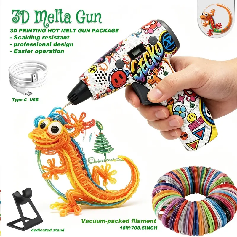 3D Print Hot Melt Gun Creative Craft Kit, 6 Colors 18m Material, LCD Display, Three-Speed Control, Compatible with Pla/abs, Ideal for All Ages